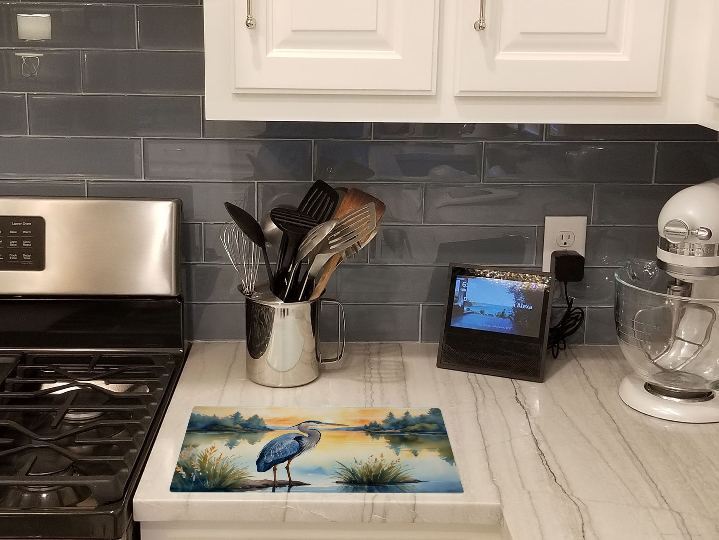 Blue Heron in the Golden Hour Glass Cutting Board