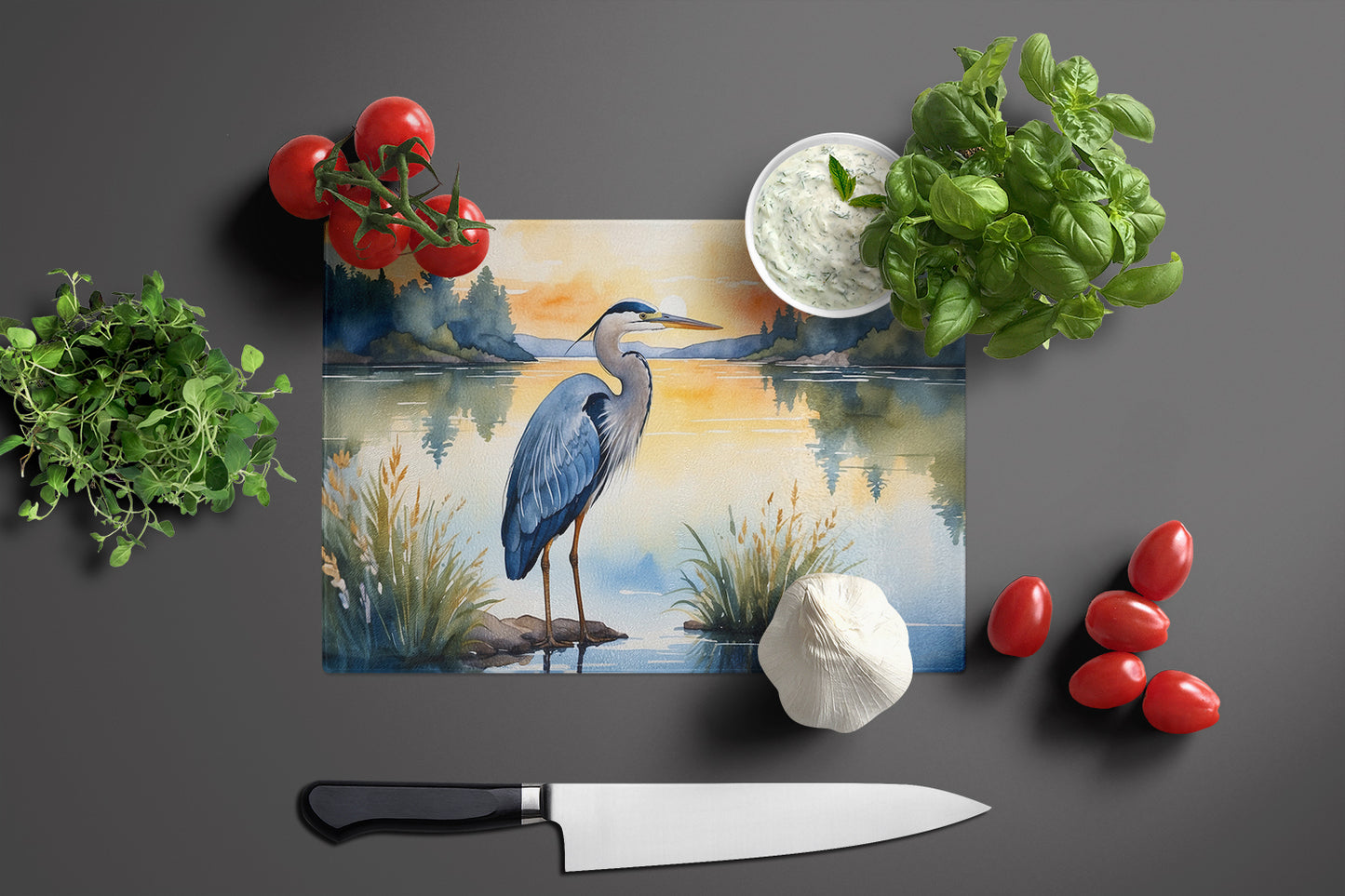 Blue Heron in the Golden Hour Glass Cutting Board