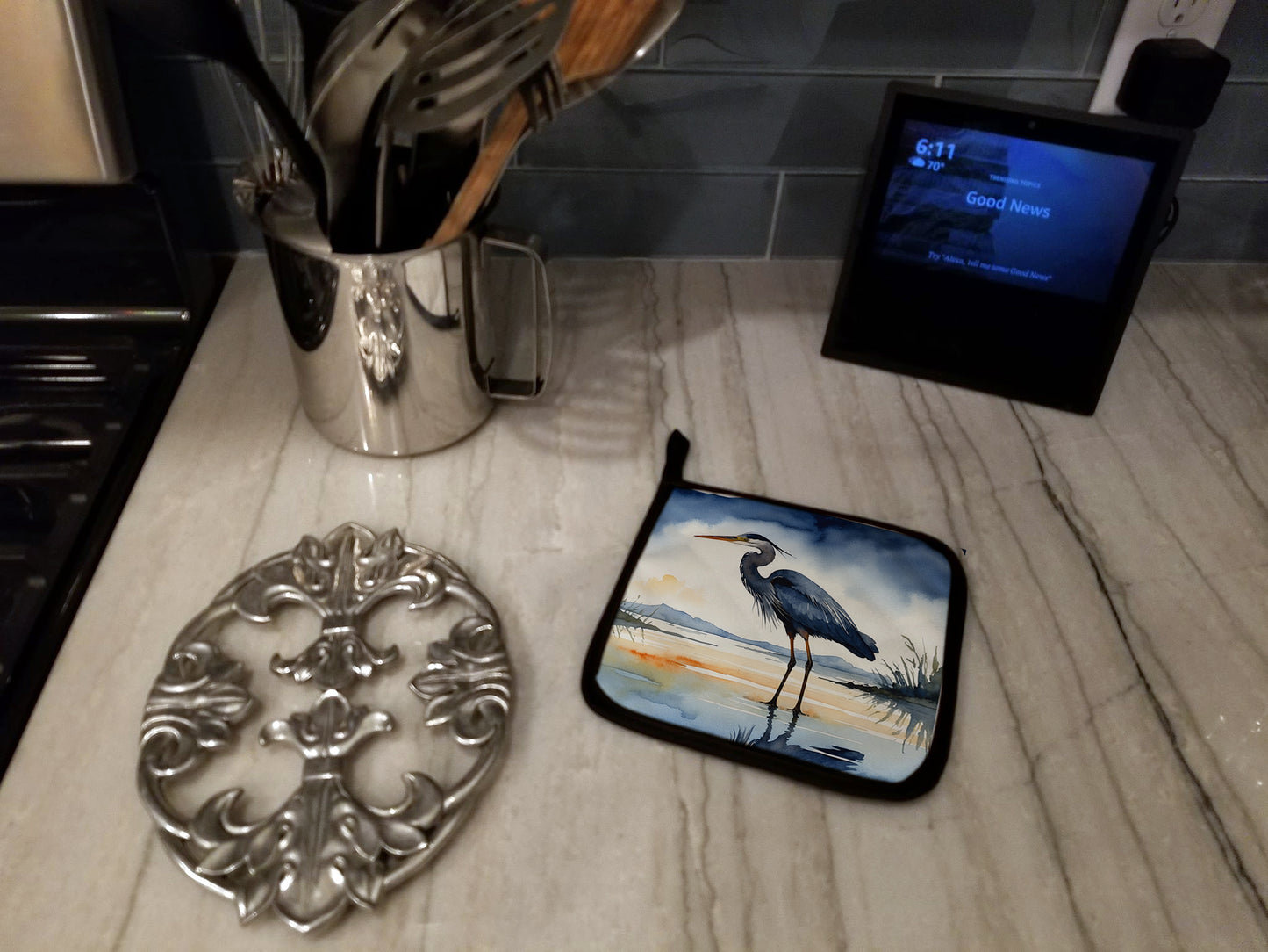 Blue Heron Barely Lit Sky Pair of Pot Holders