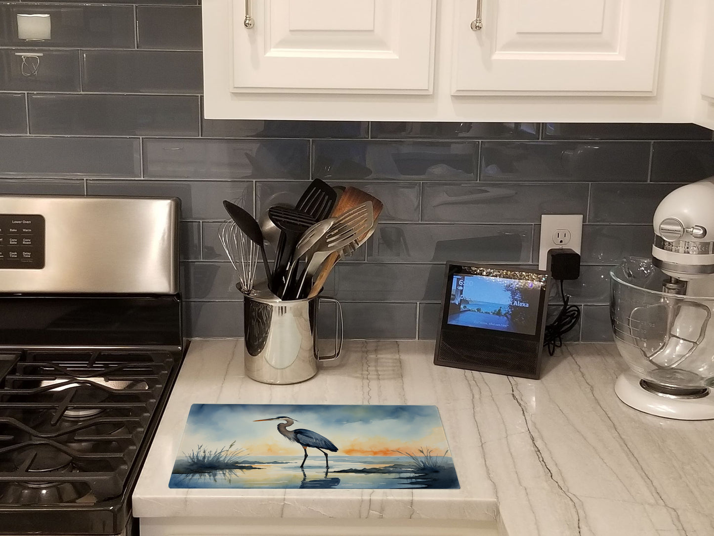 Blue Heron Barely Lit Sky Glass Cutting Board