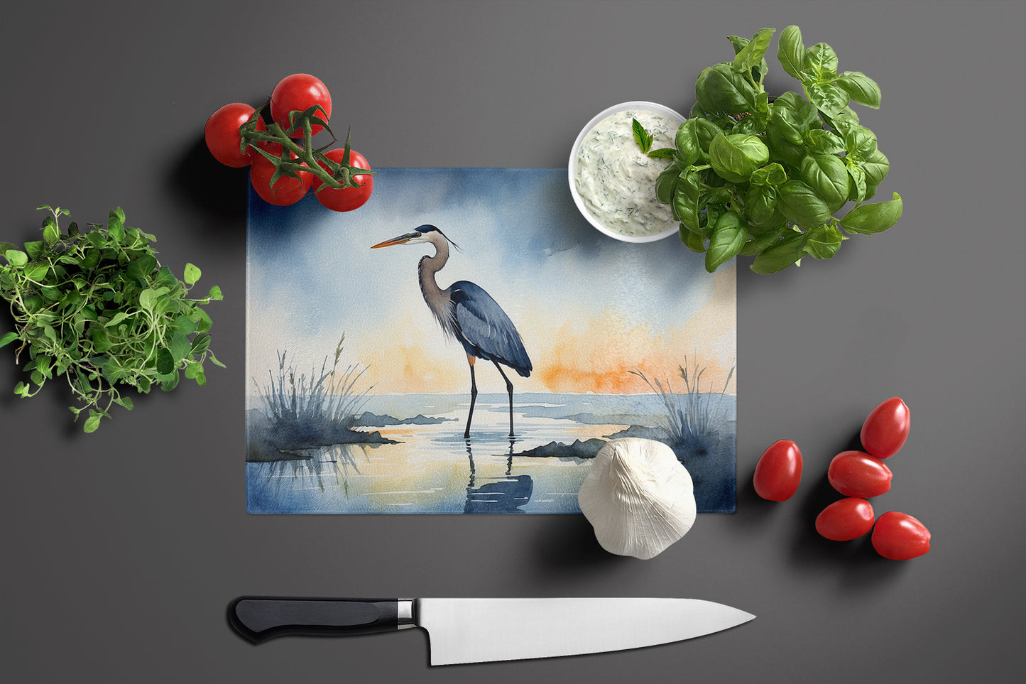 Blue Heron Barely Lit Sky Glass Cutting Board