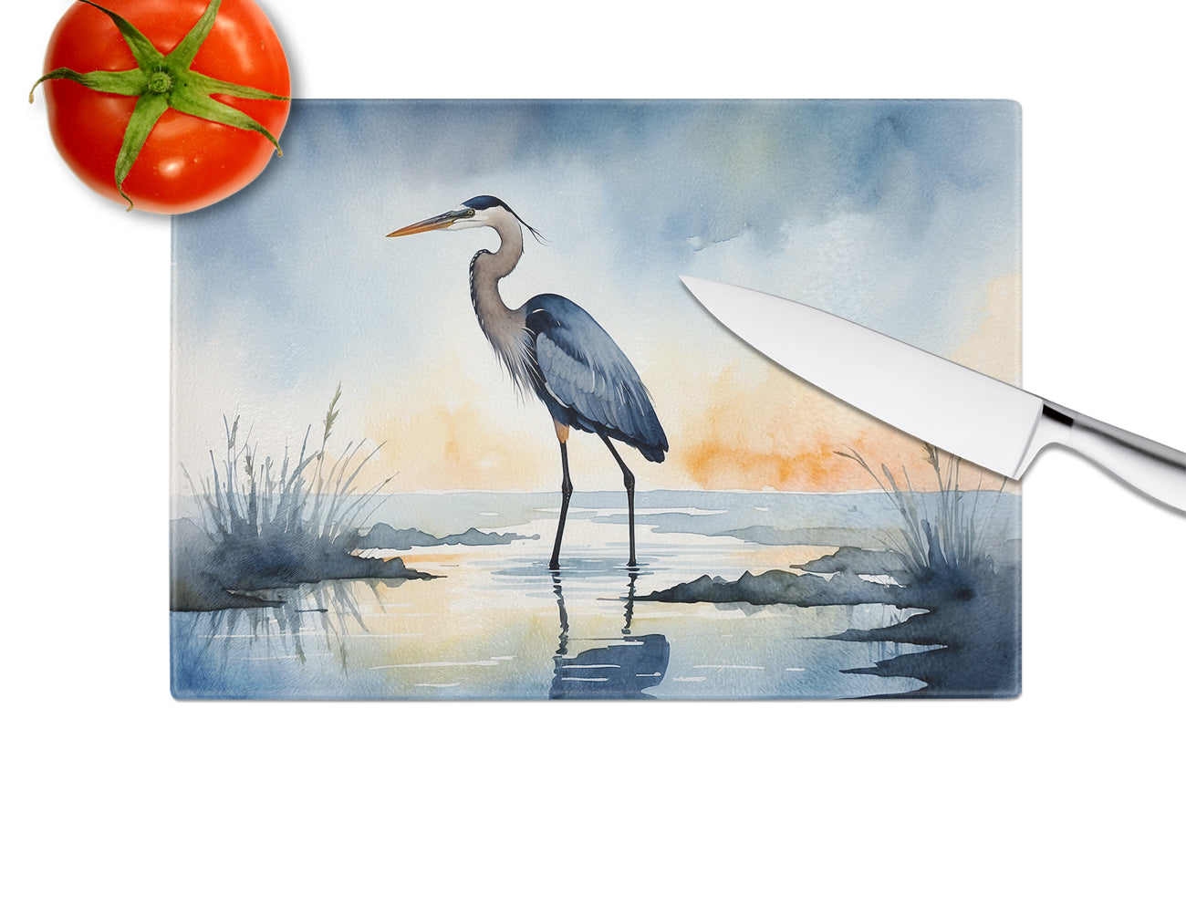 Blue Heron Barely Lit Sky Glass Cutting Board