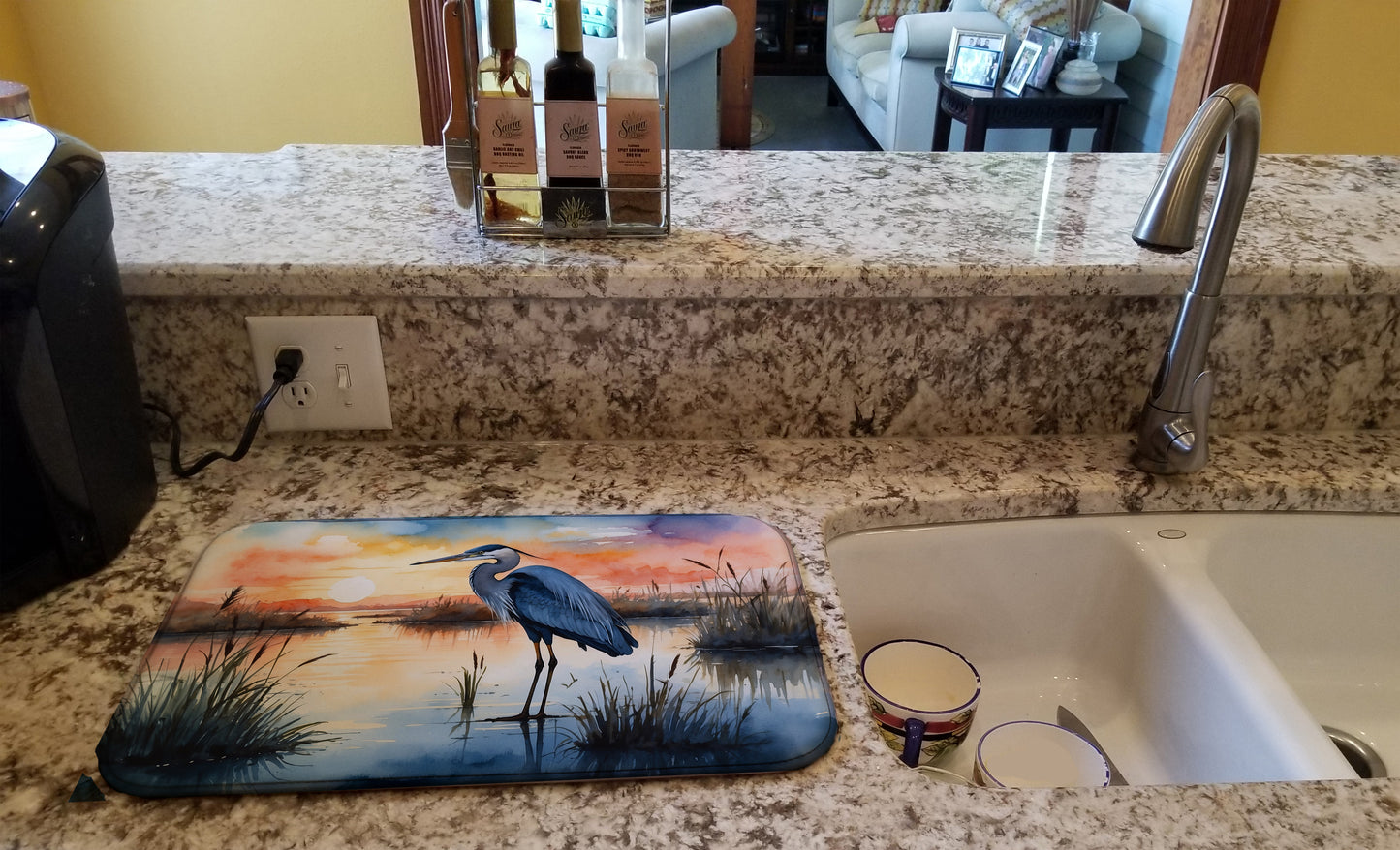 Blue Heron Setting Sun Dish Drying Mat