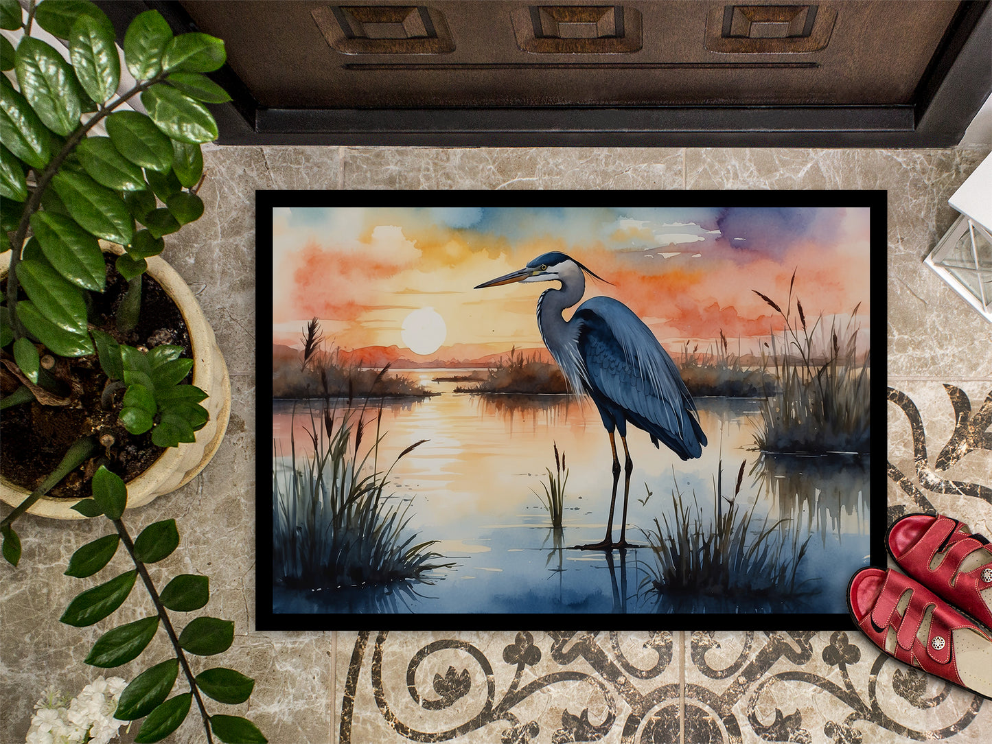 Blue Heron Setting Sun Doormat