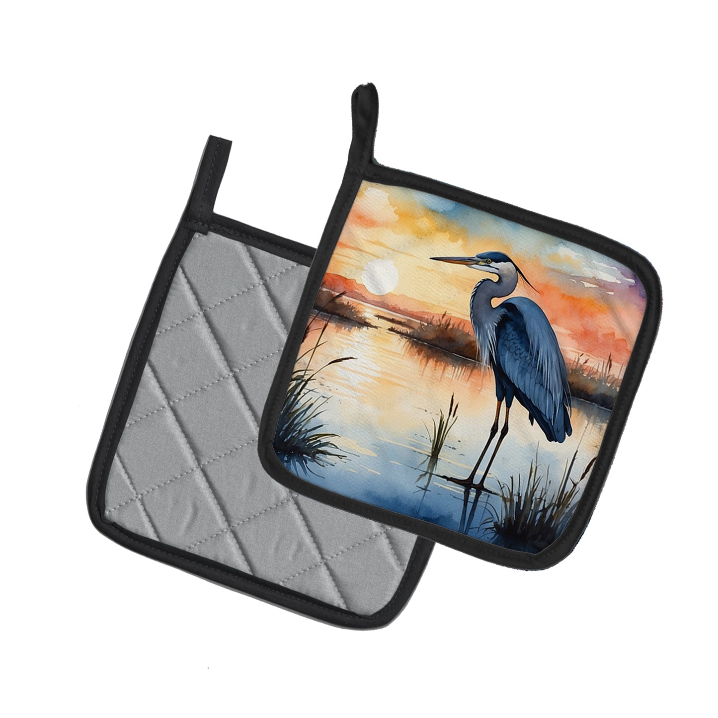 Blue Heron Setting Sun Pair of Pot Holders