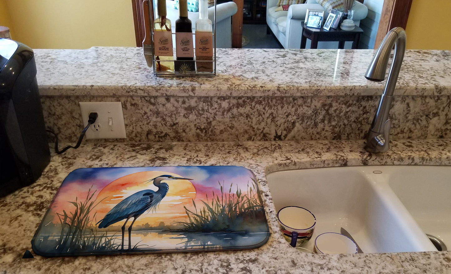 Blue Heron Setting Sun Dish Drying Mat