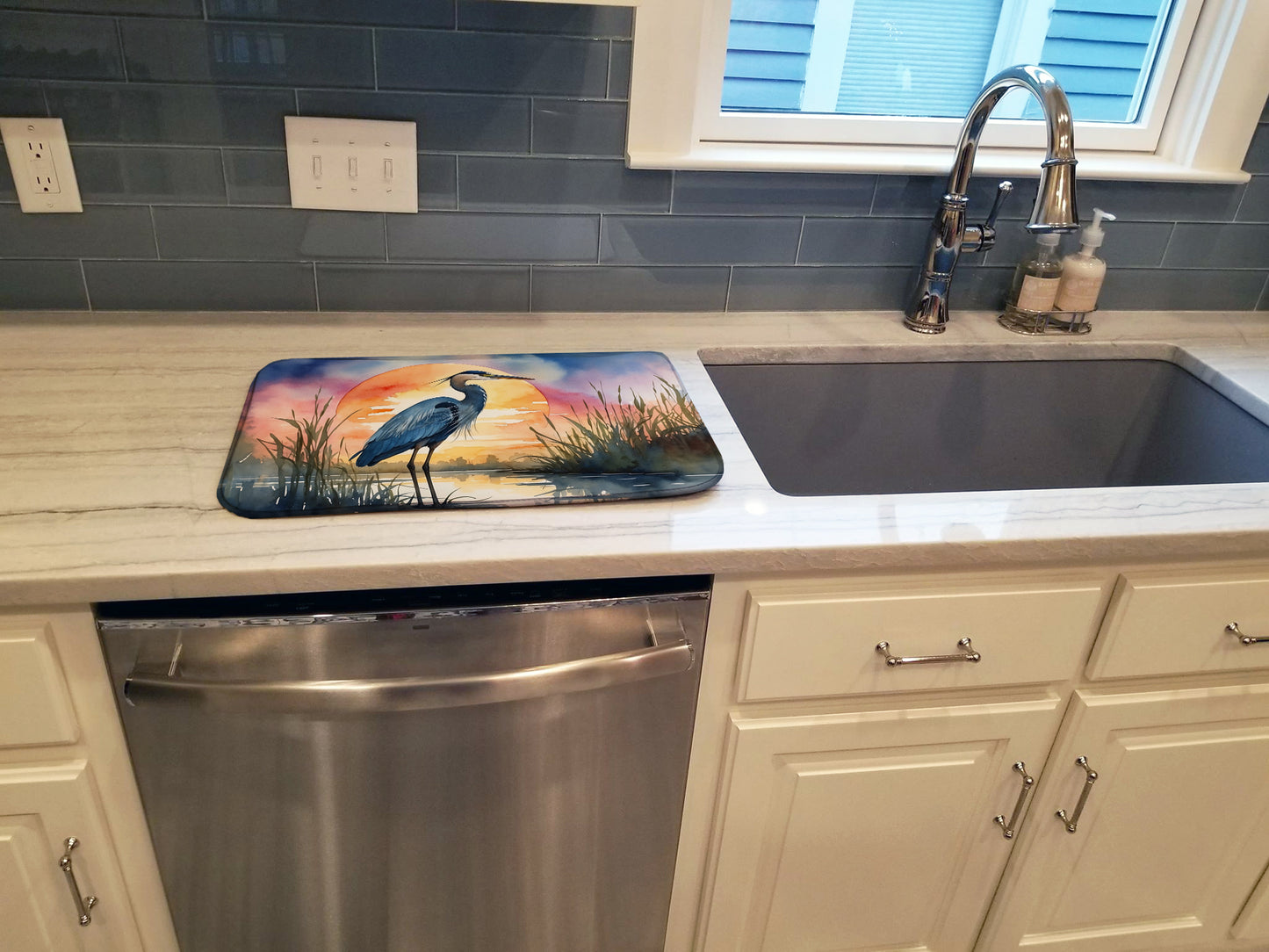 Blue Heron Setting Sun Dish Drying Mat