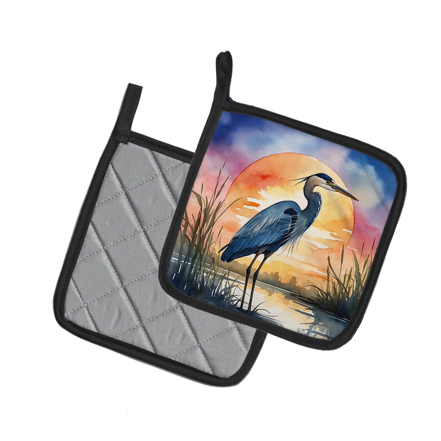 Blue Heron Setting Sun Pair of Pot Holders