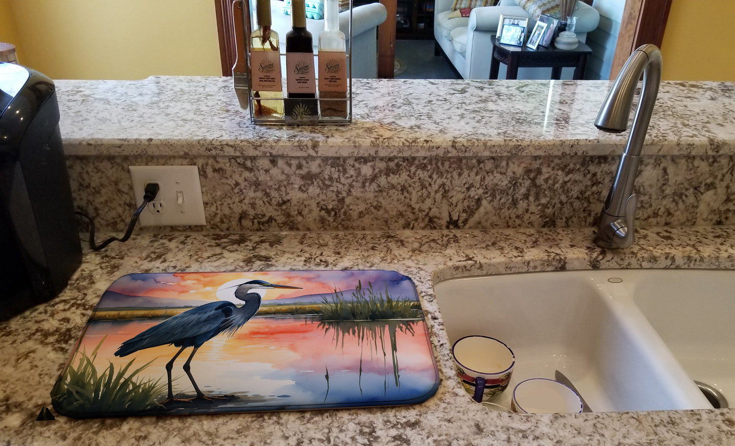 Blue Heron Setting Sun Dish Drying Mat