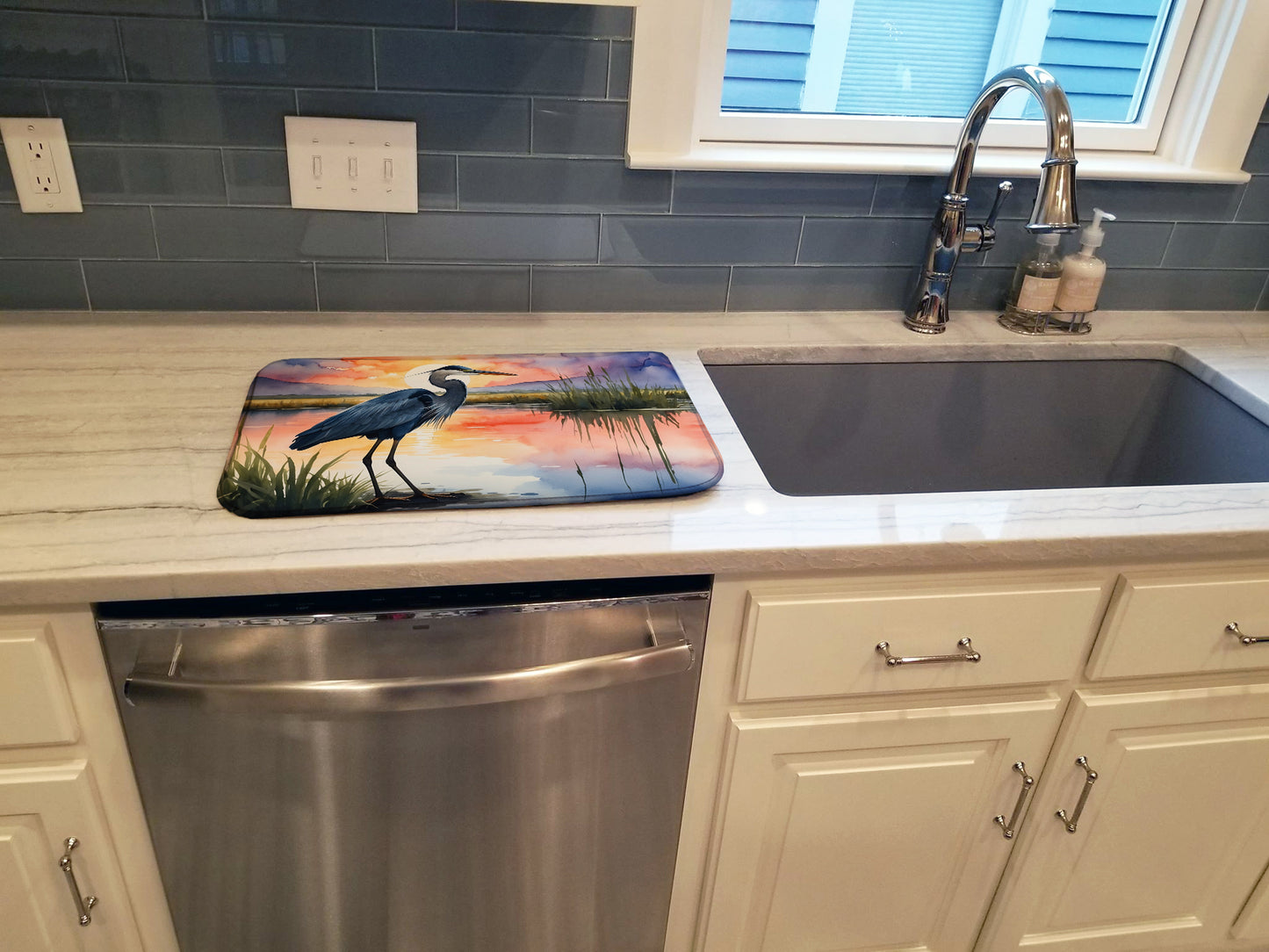 Blue Heron Setting Sun Dish Drying Mat