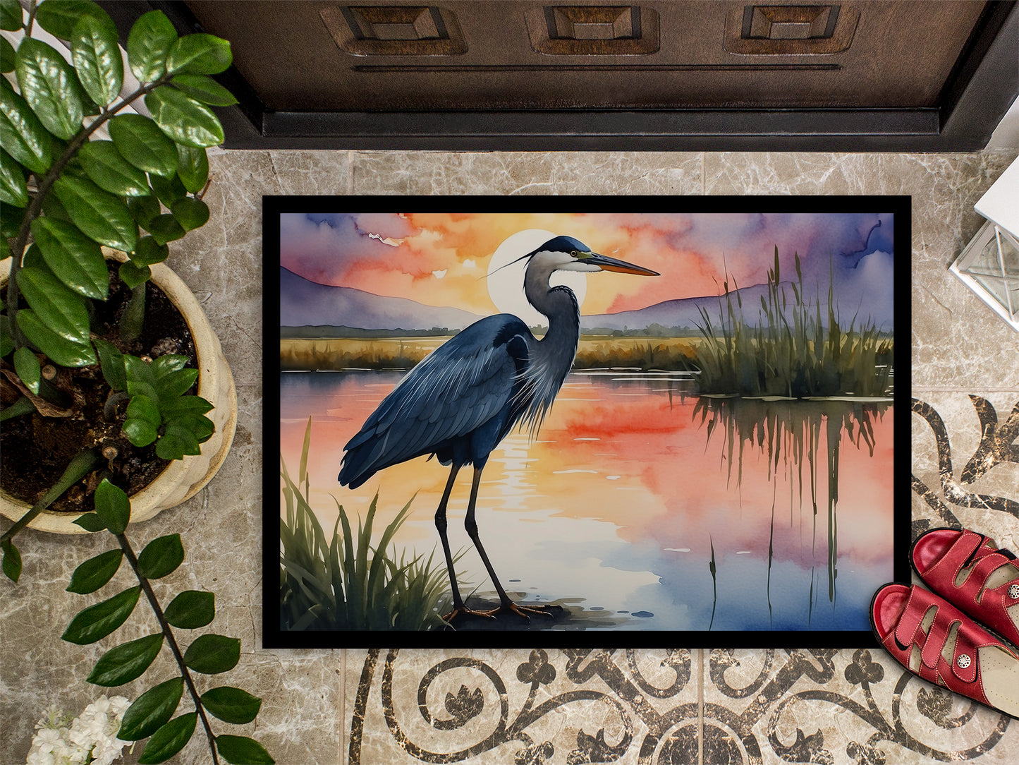 Blue Heron Setting Sun Doormat