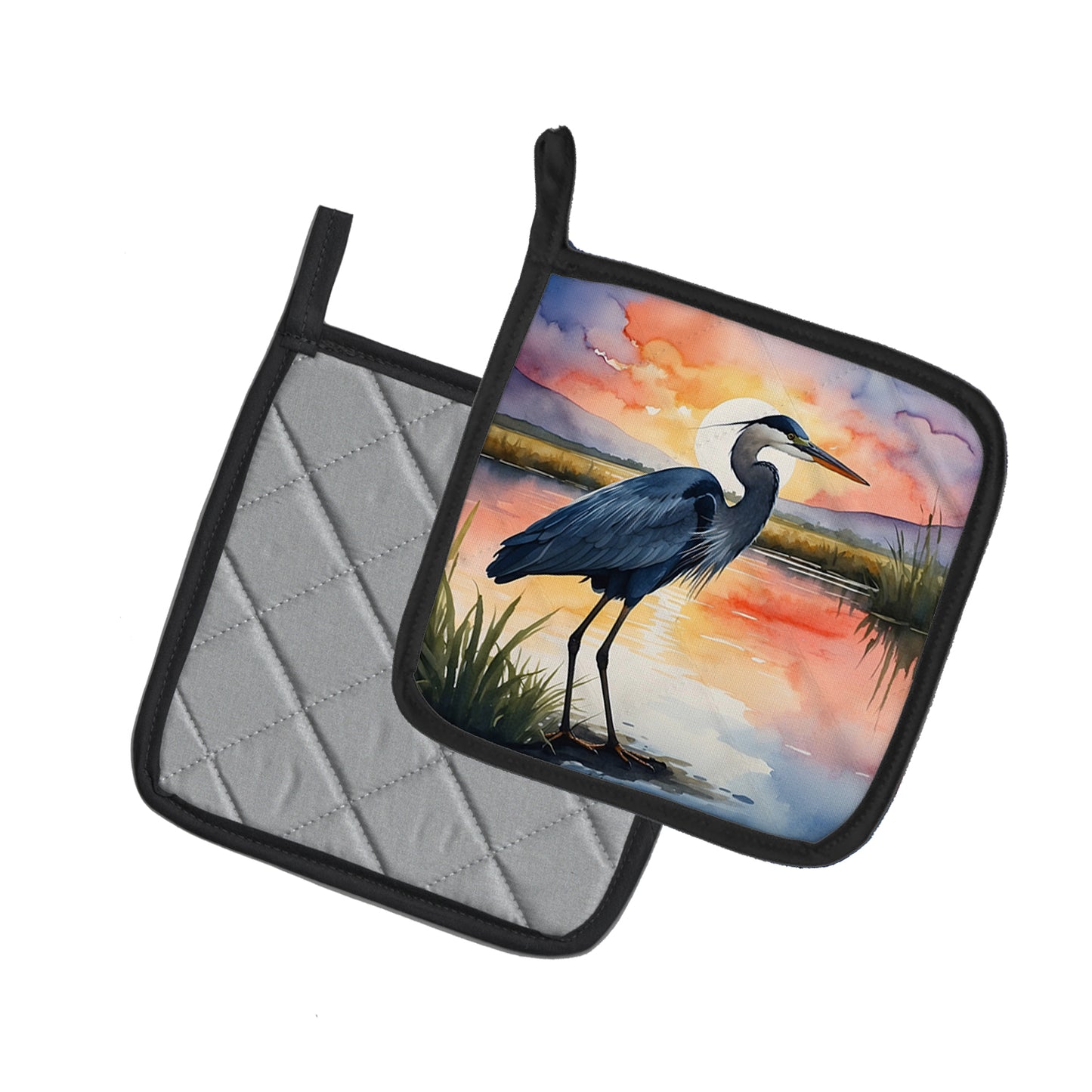 Blue Heron Setting Sun Pair of Pot Holders