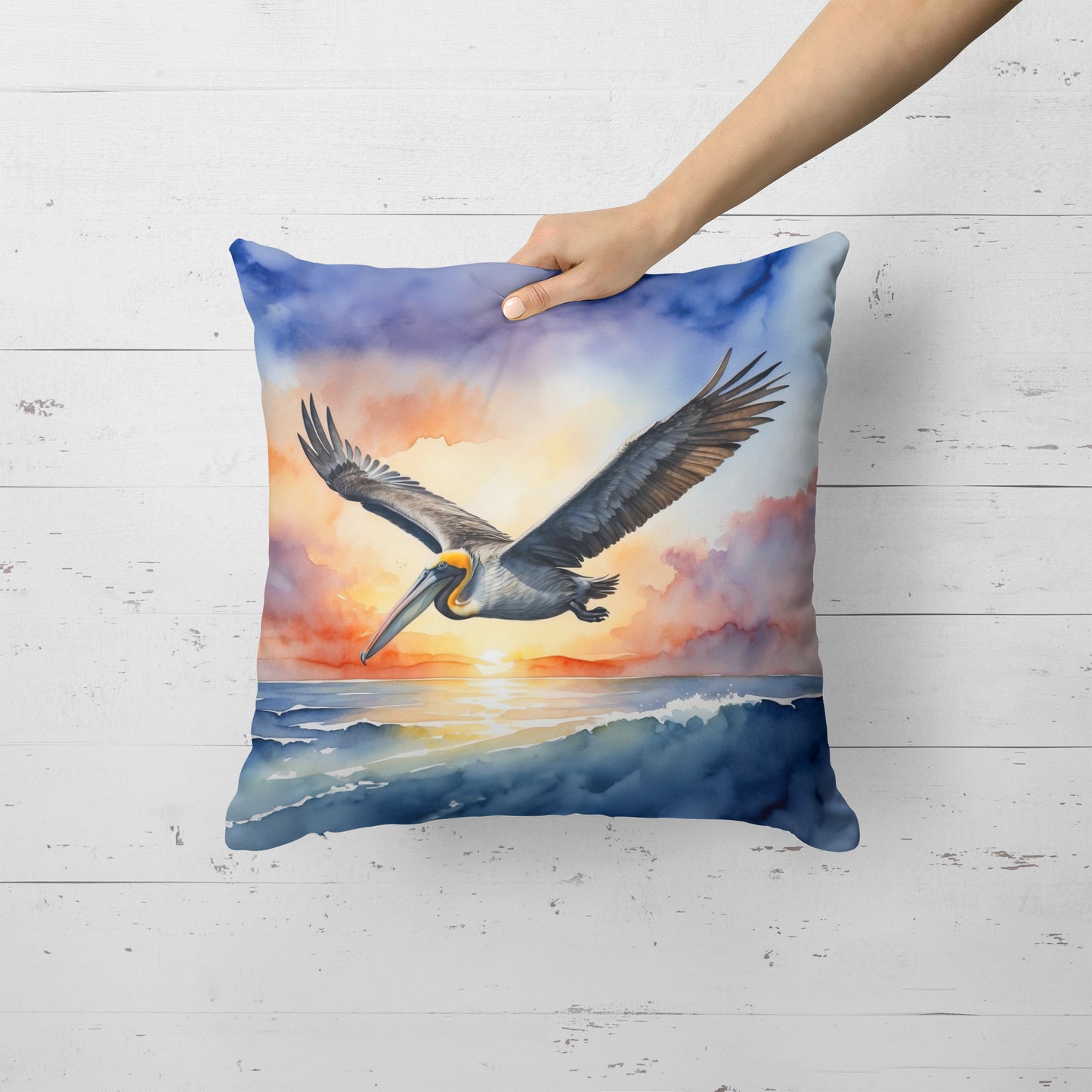 Pelican Fyling at Sunrise Throw Pillow