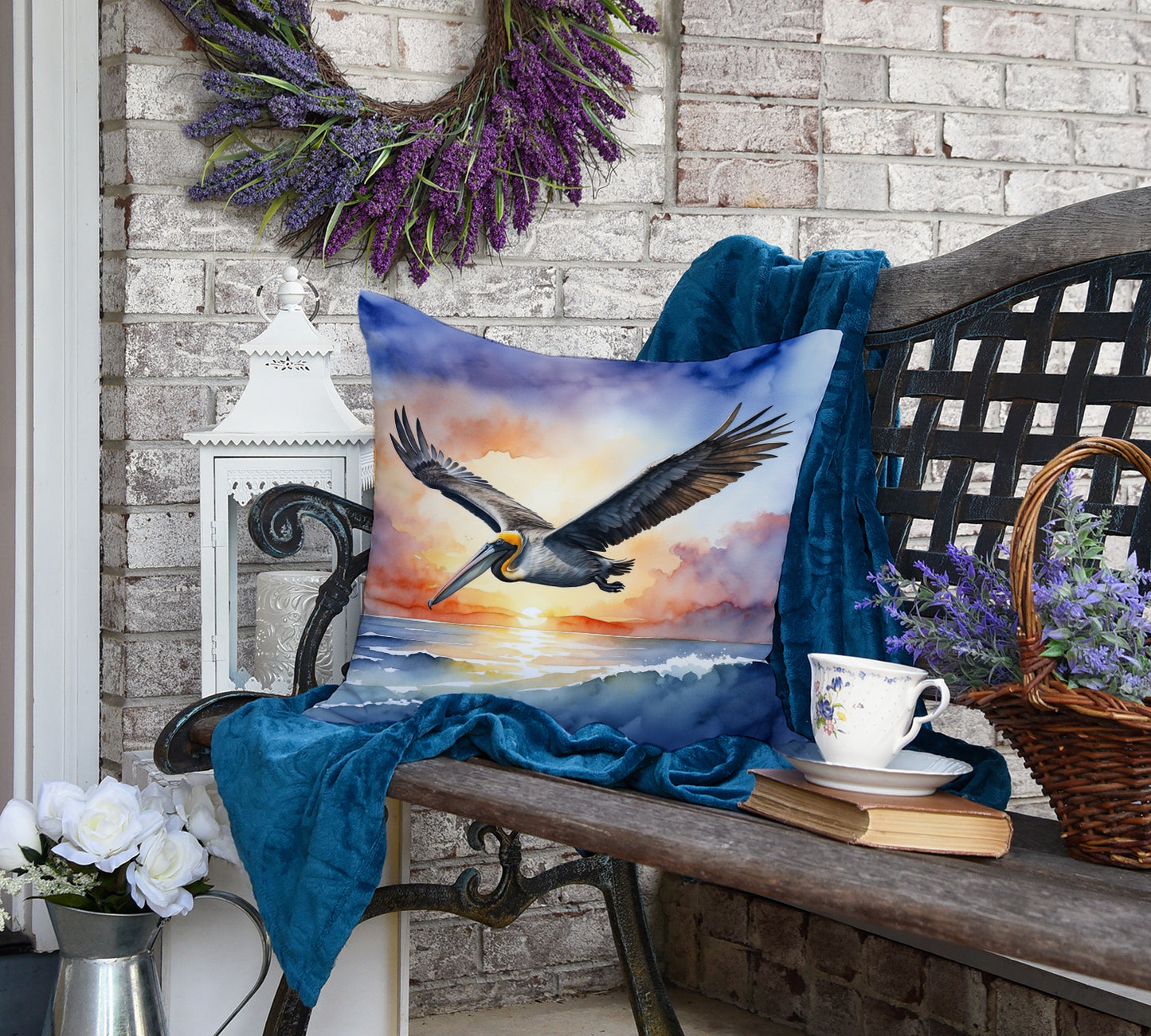 Pelican Fyling at Sunrise Throw Pillow