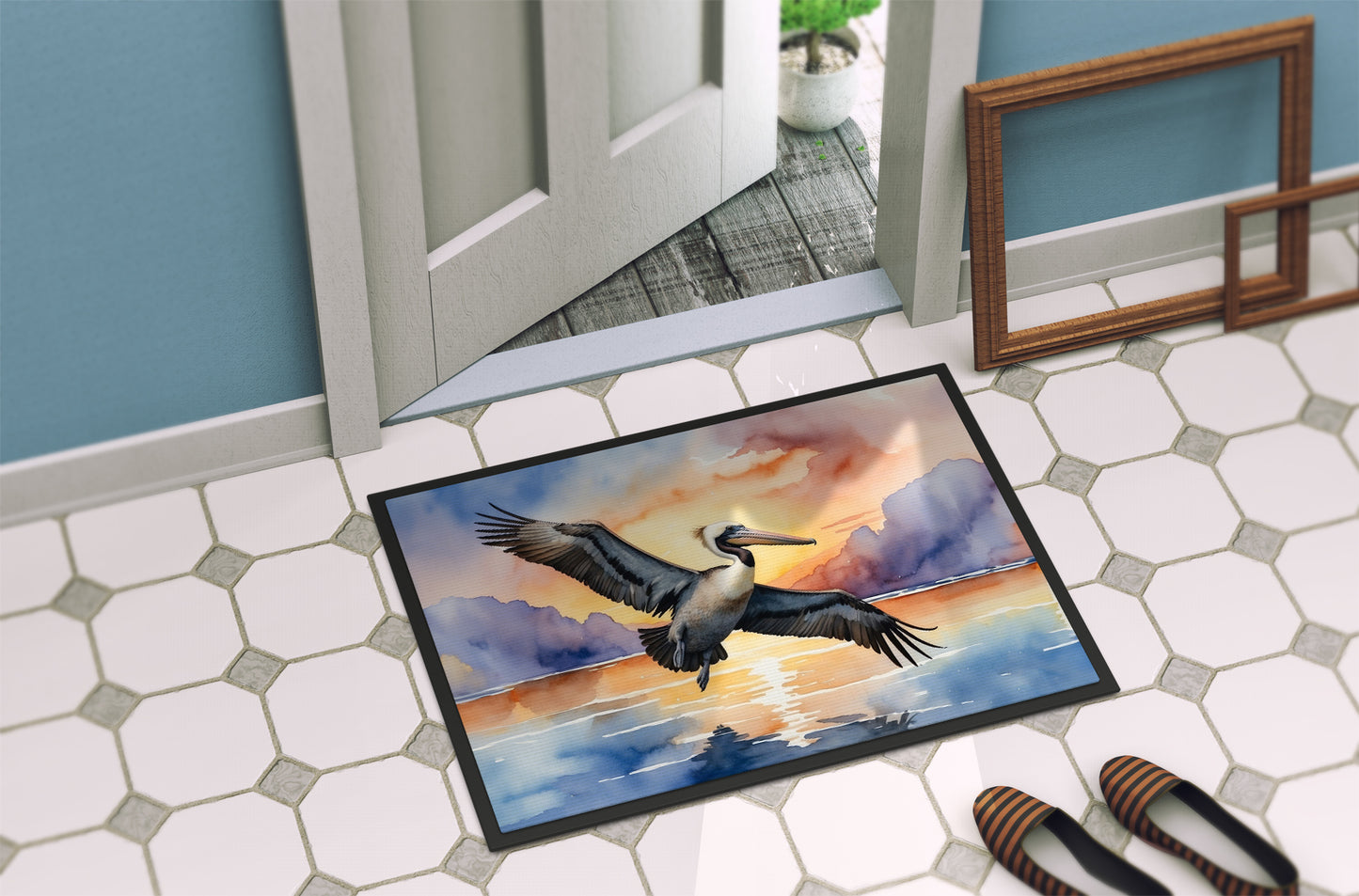 Pelican Fyling at Sunrise Doormat