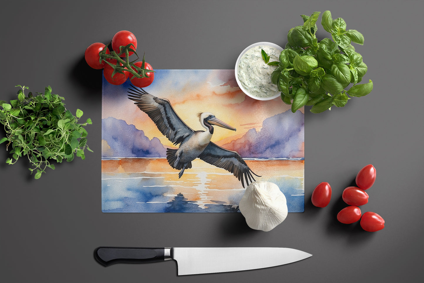 Pelican Fyling at Sunrise Glass Cutting Board