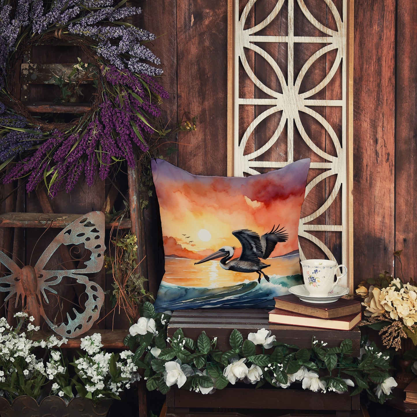 Pelican Fiery Sunset Throw Pillow