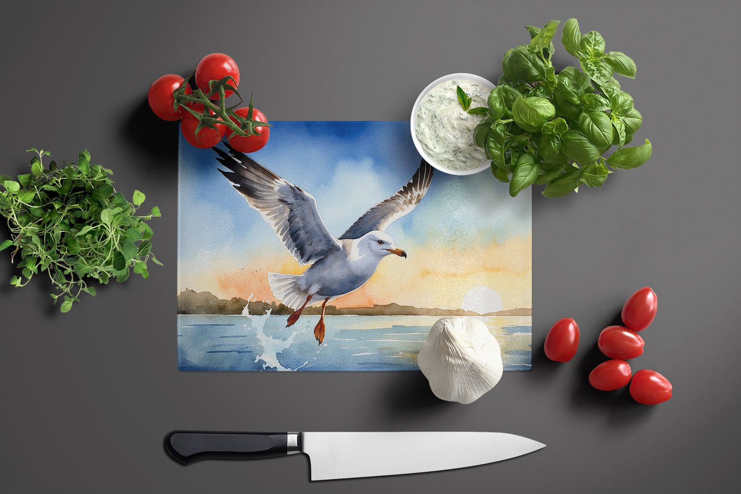 Gull Flying Low Glass Cutting Board