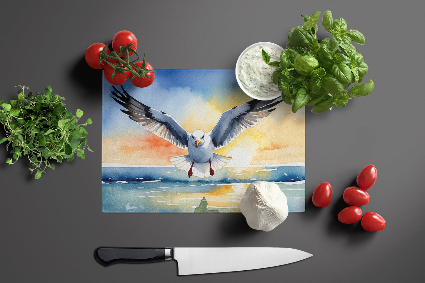 Gull Flying Low Glass Cutting Board