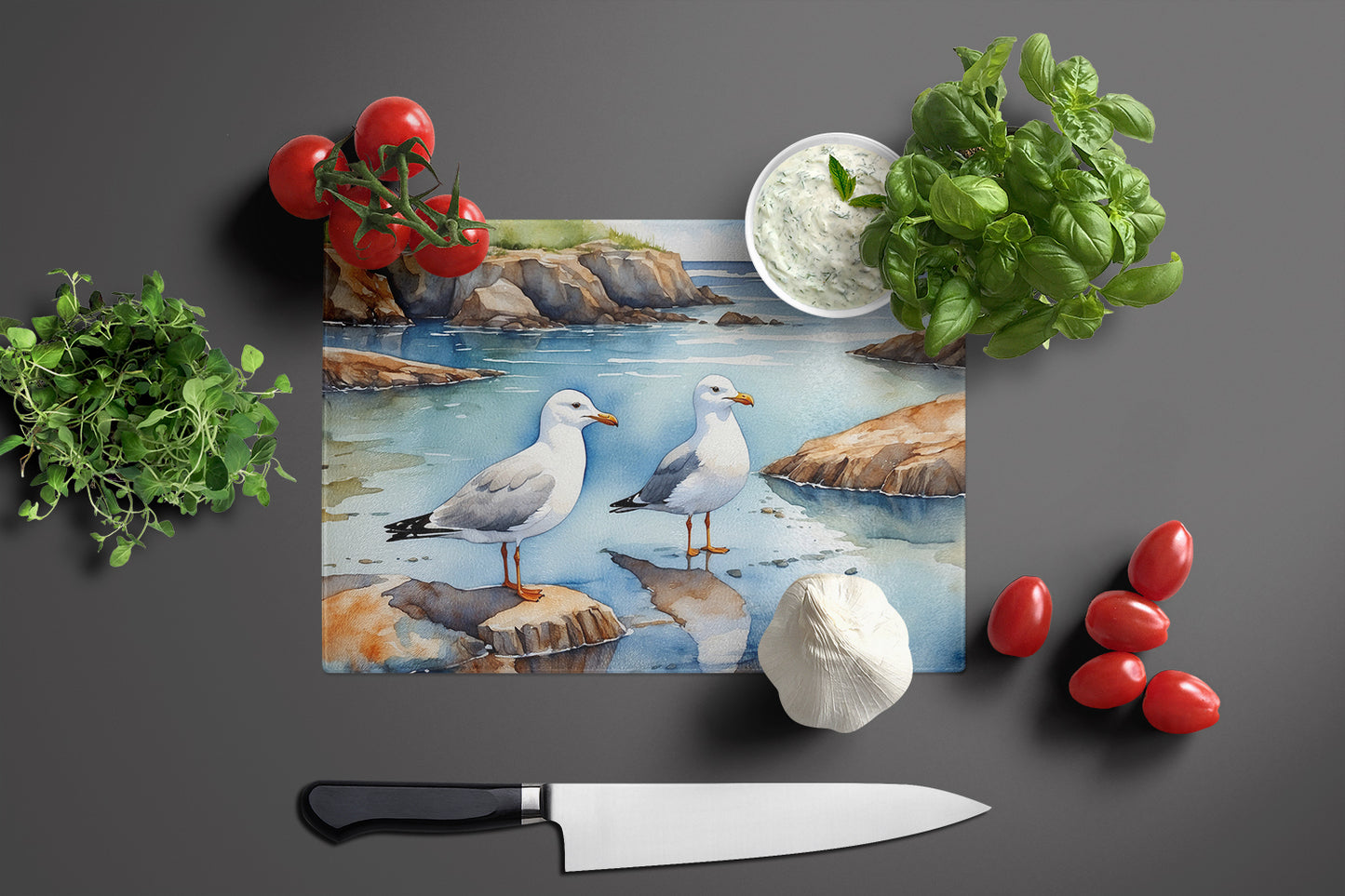 Gulls Scavenging Glass Cutting Board