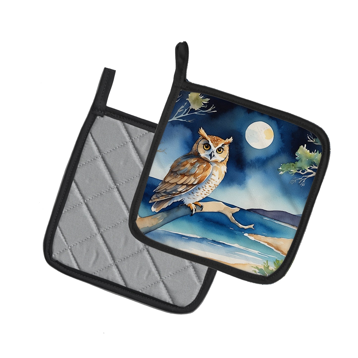 Owl Perched in Coastal Tree Pair of Pot Holders