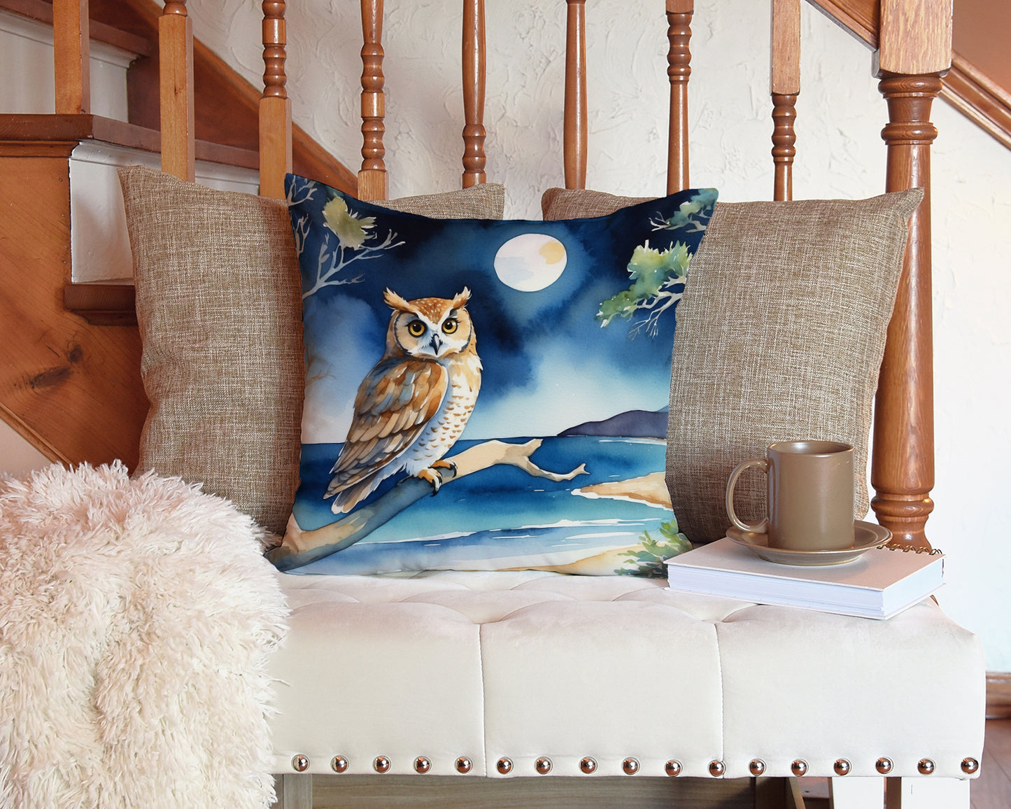 Owl Perched in Coastal Tree Throw Pillow