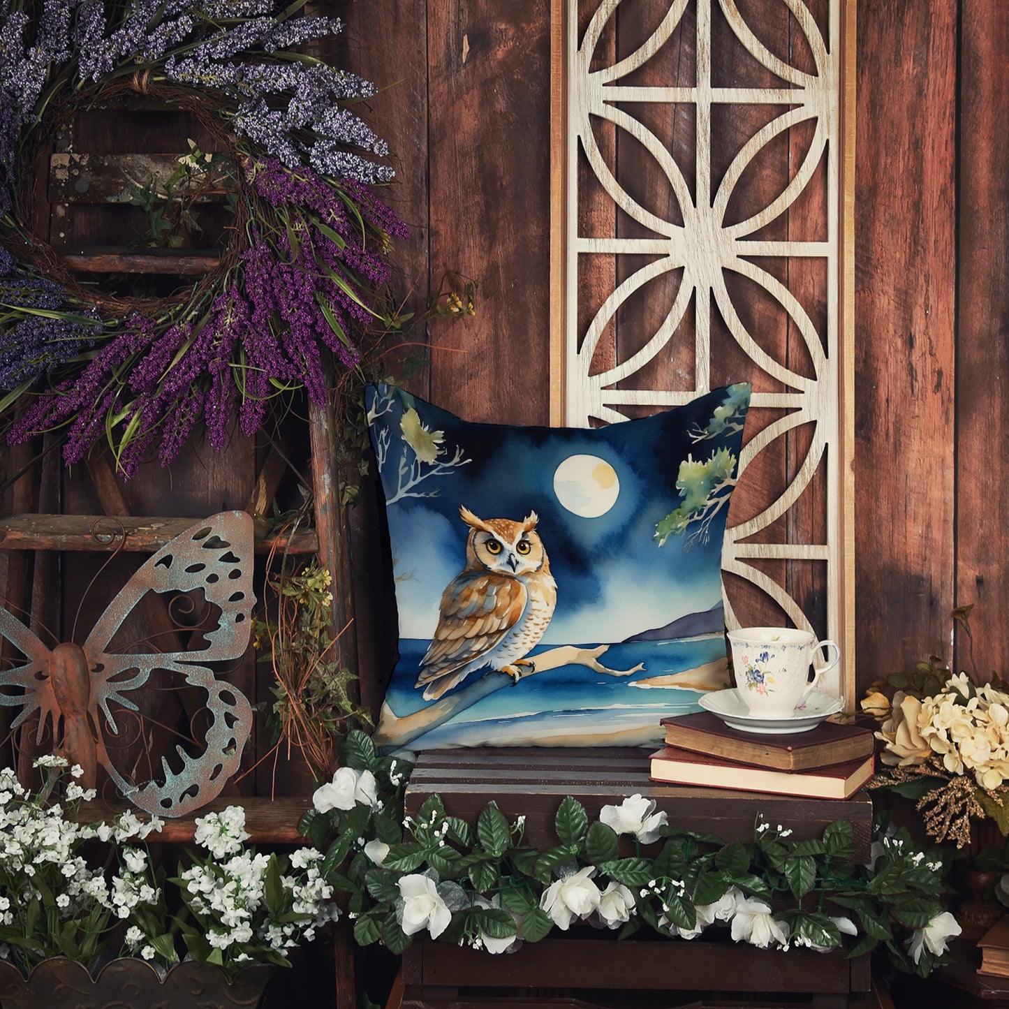 Owl Perched in Coastal Tree Throw Pillow