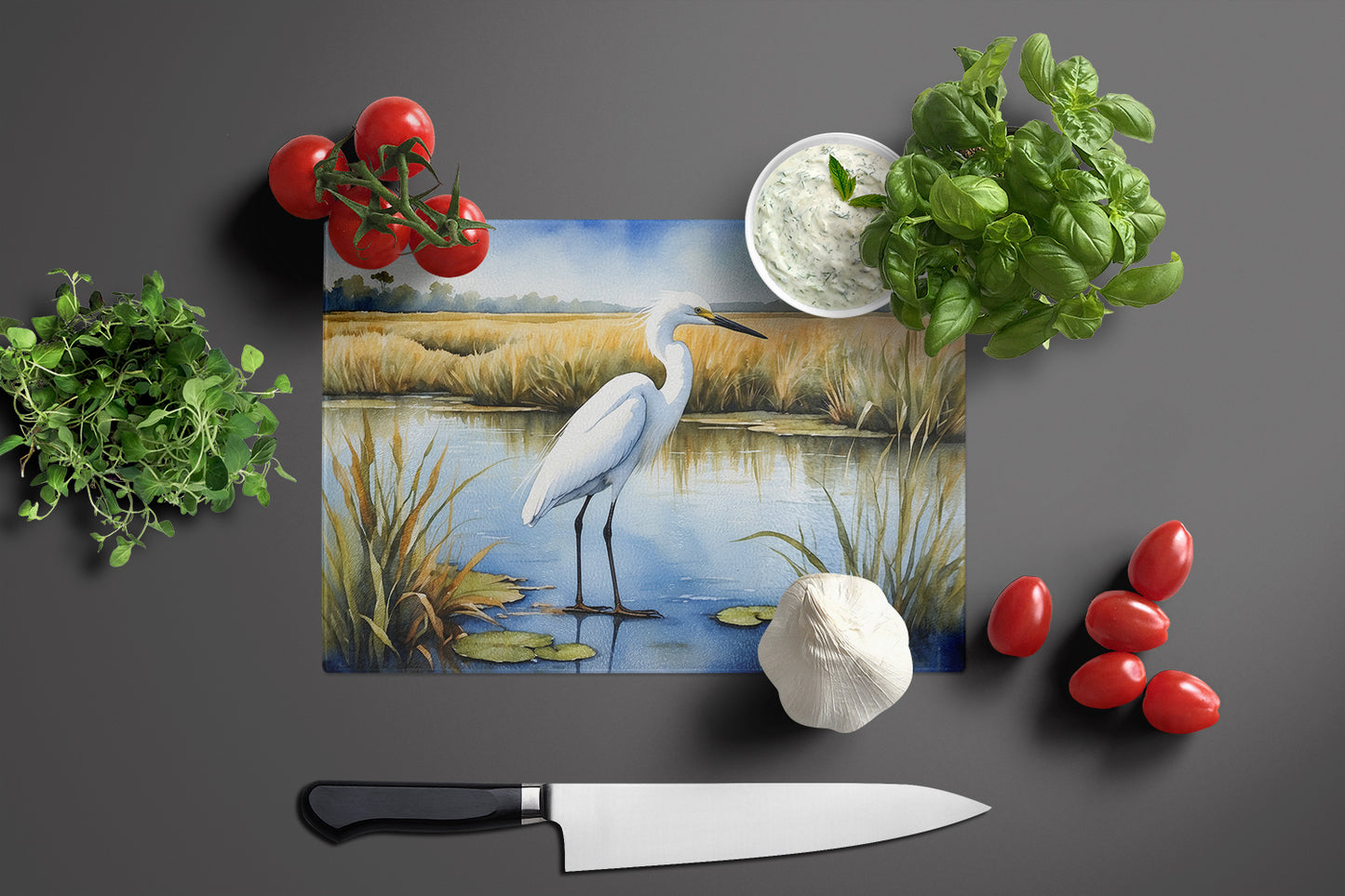 Snowy Egret in Coastal Marshes Glass Cutting Board