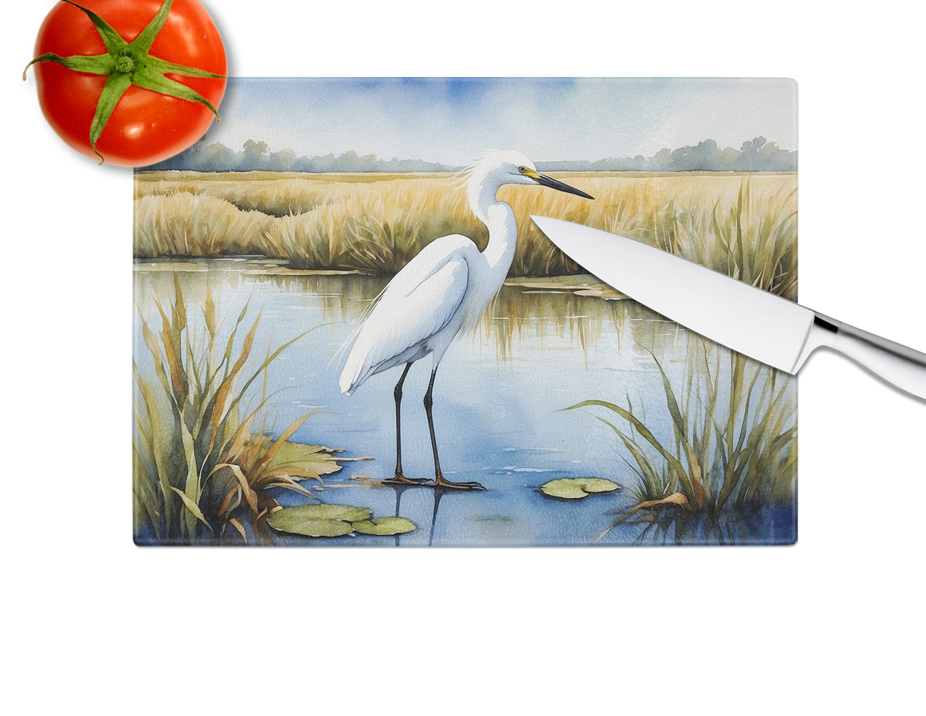 Snowy Egret in Coastal Marshes Glass Cutting Board