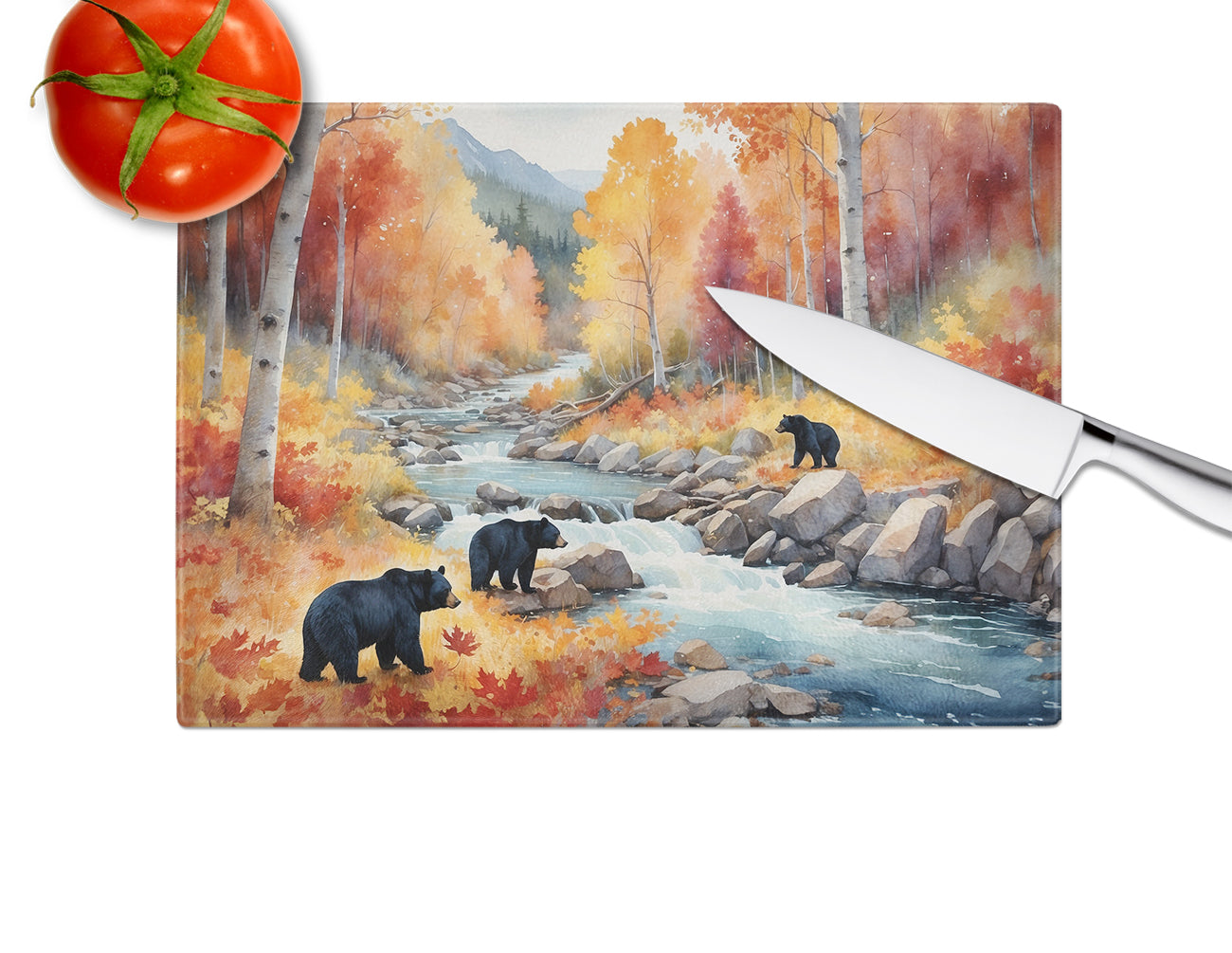 Bears Autumn in the Woods Glass Cutting Board