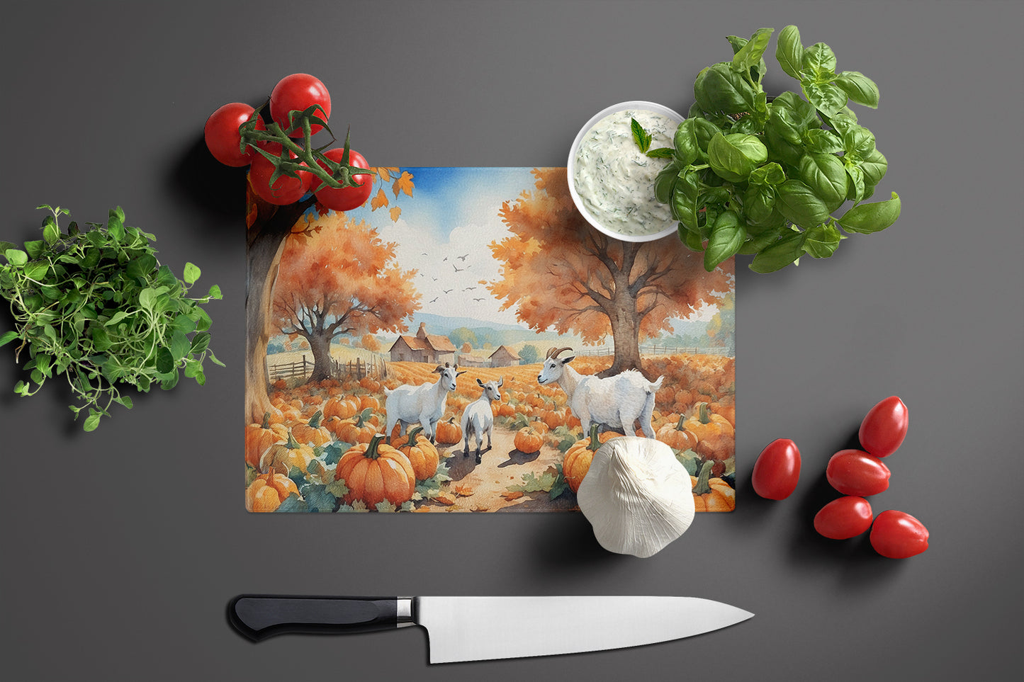 Autumn Goats Glass Cutting Board