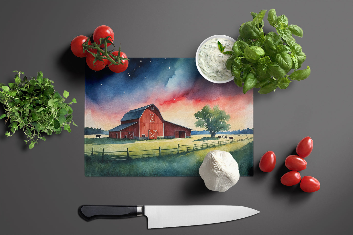 Barn at Twilight Glass Cutting Board