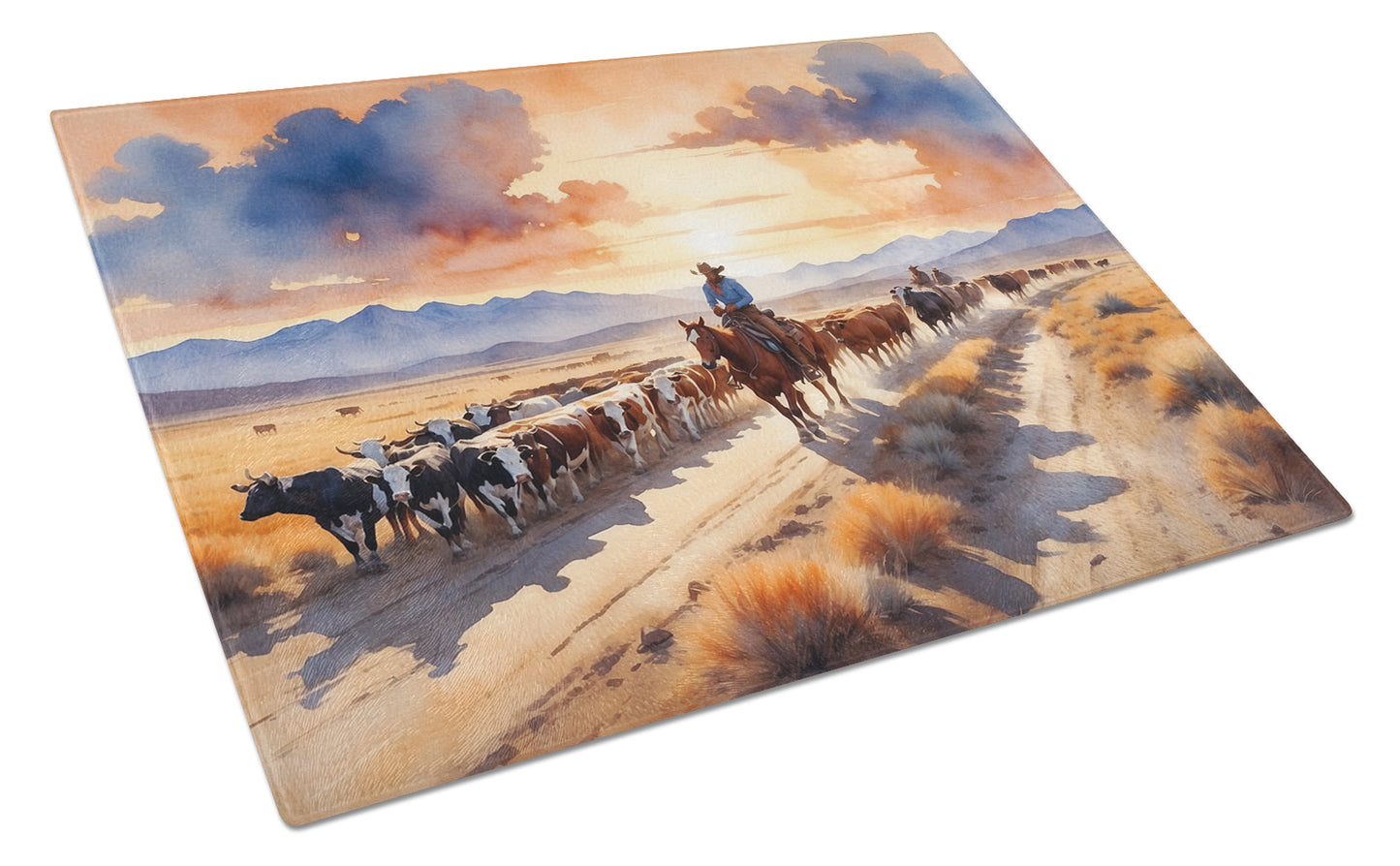 Buy this Cattle Drive at Sunset Glass Cutting Board