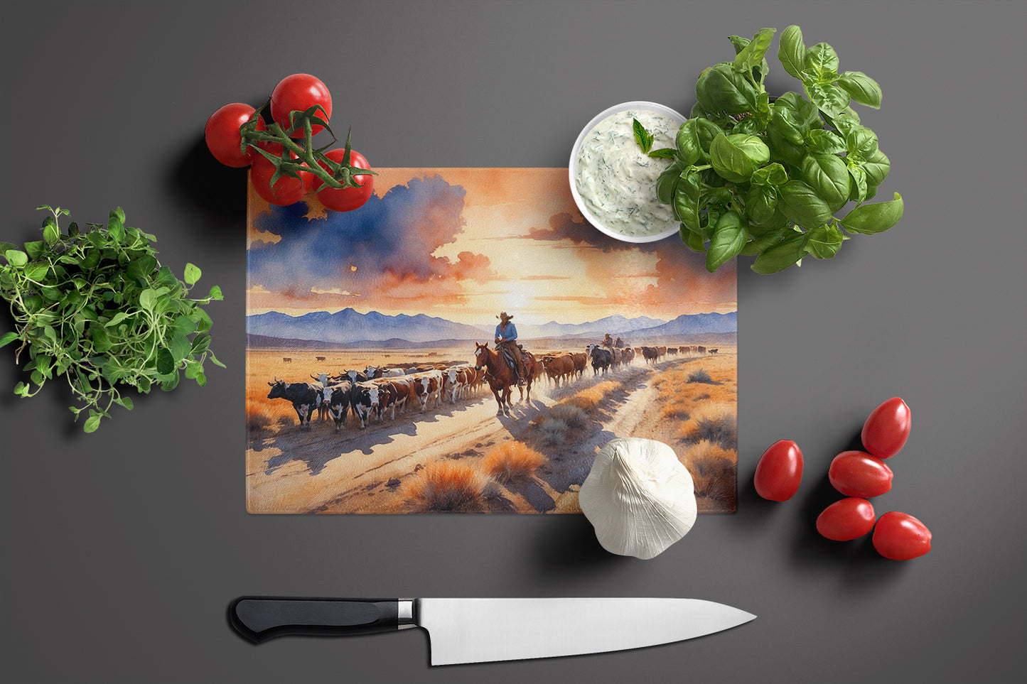 Cattle Drive at Sunset Glass Cutting Board