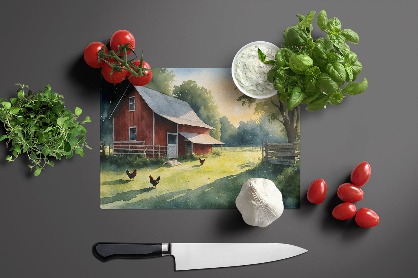 Chicken Coop at Dawn Glass Cutting Board