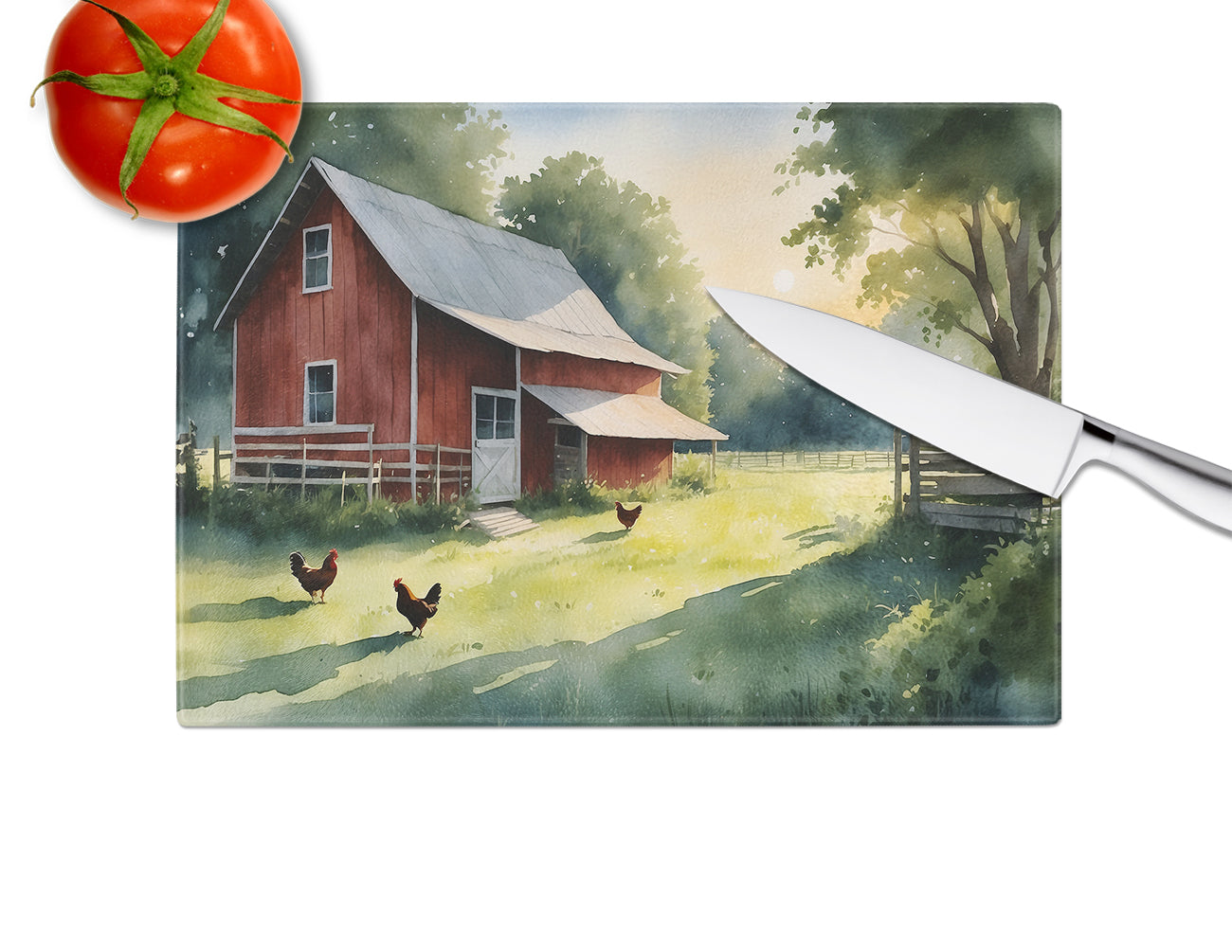 Chicken Coop at Dawn Glass Cutting Board