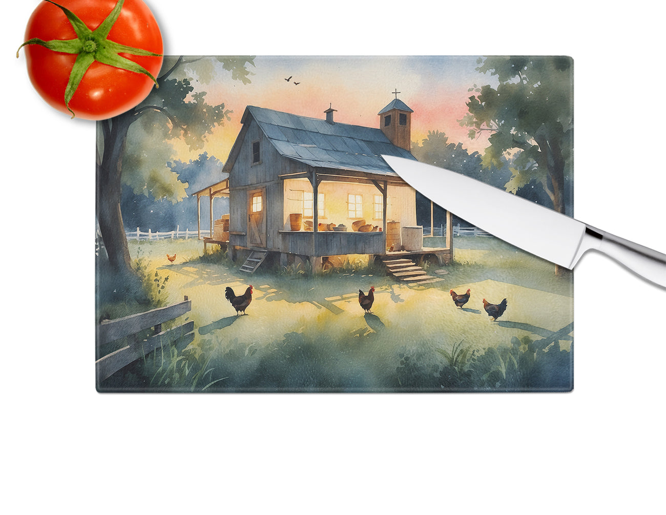 Chicken Coop at Dawn Glass Cutting Board