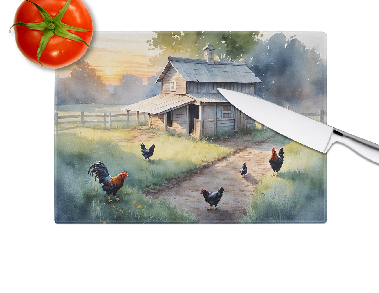 Chicken Coop at Dawn Glass Cutting Board