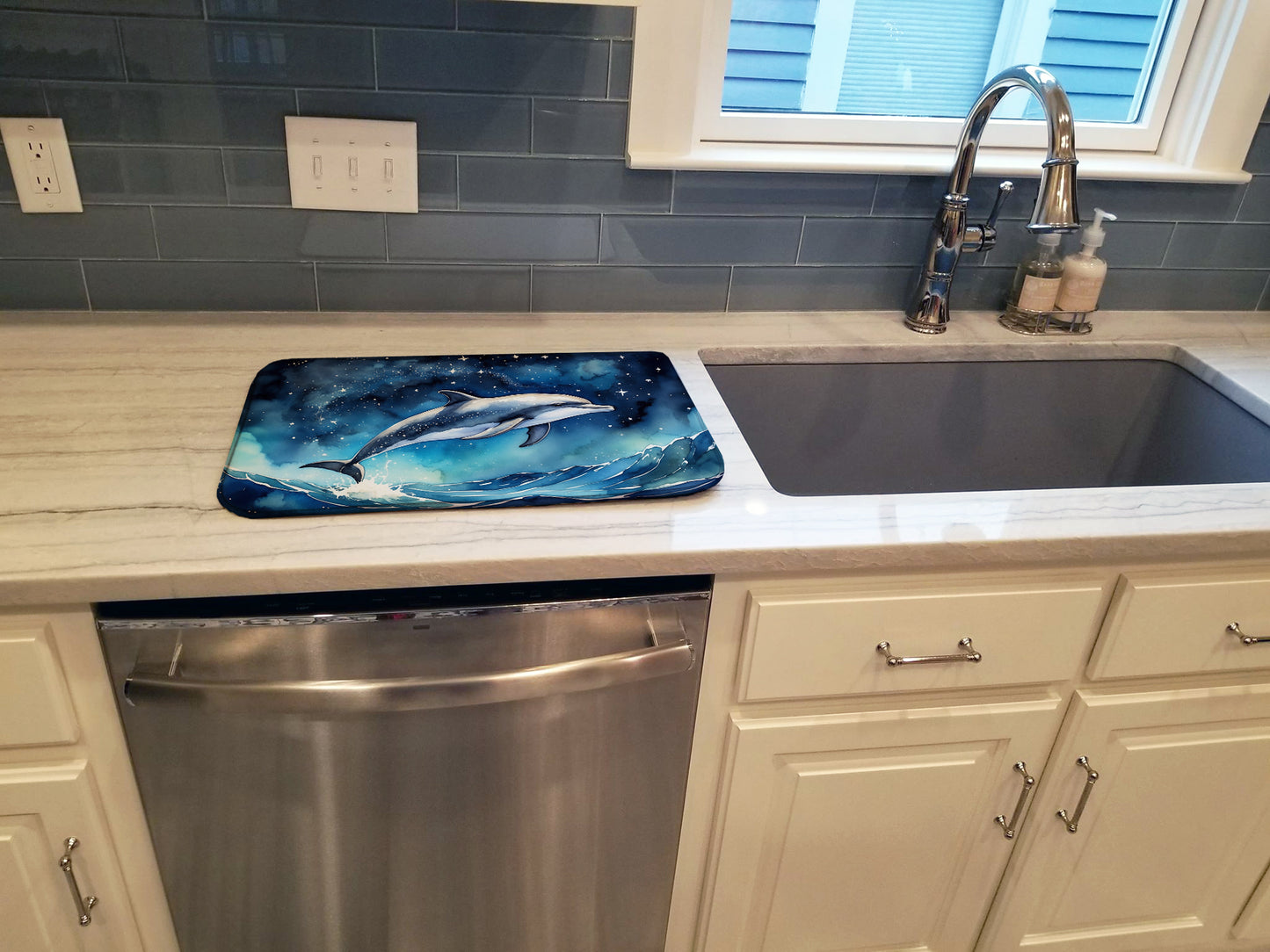 Dolphin in a Starry Sea Dish Drying Mat