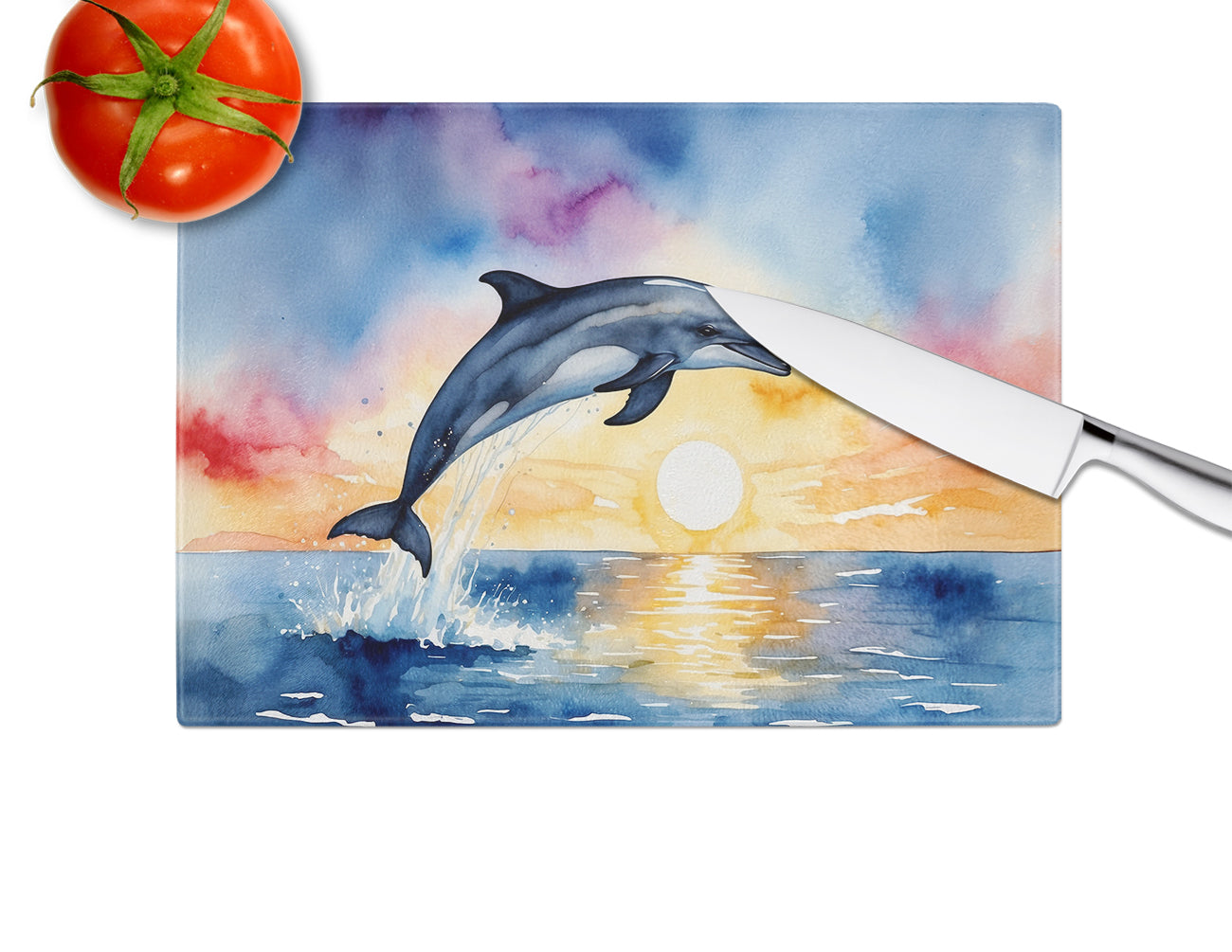 Dolphin Leaping at Sunrise Glass Cutting Board