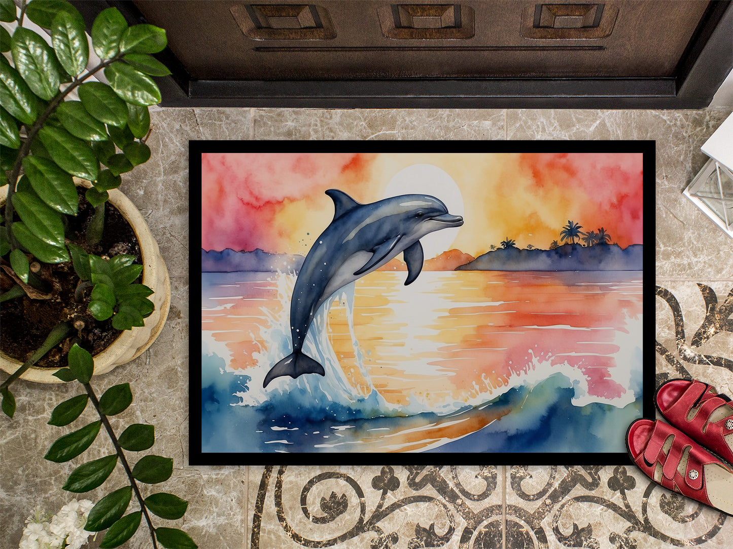 Dolphin Leaping at Sunrise Doormat