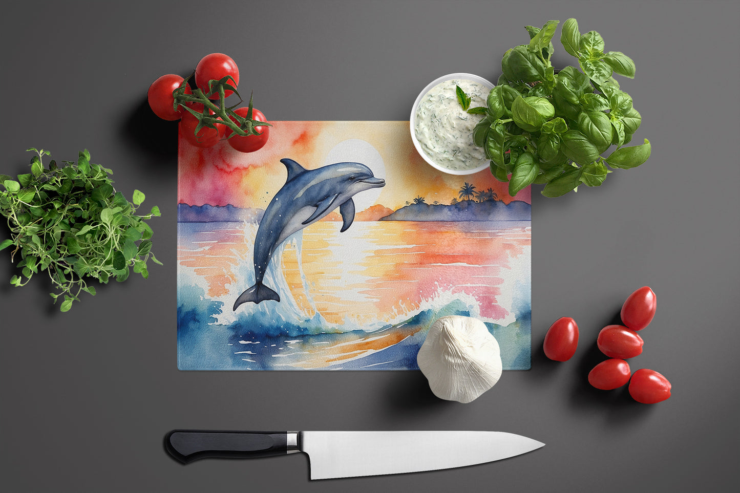 Dolphin Leaping at Sunrise Glass Cutting Board