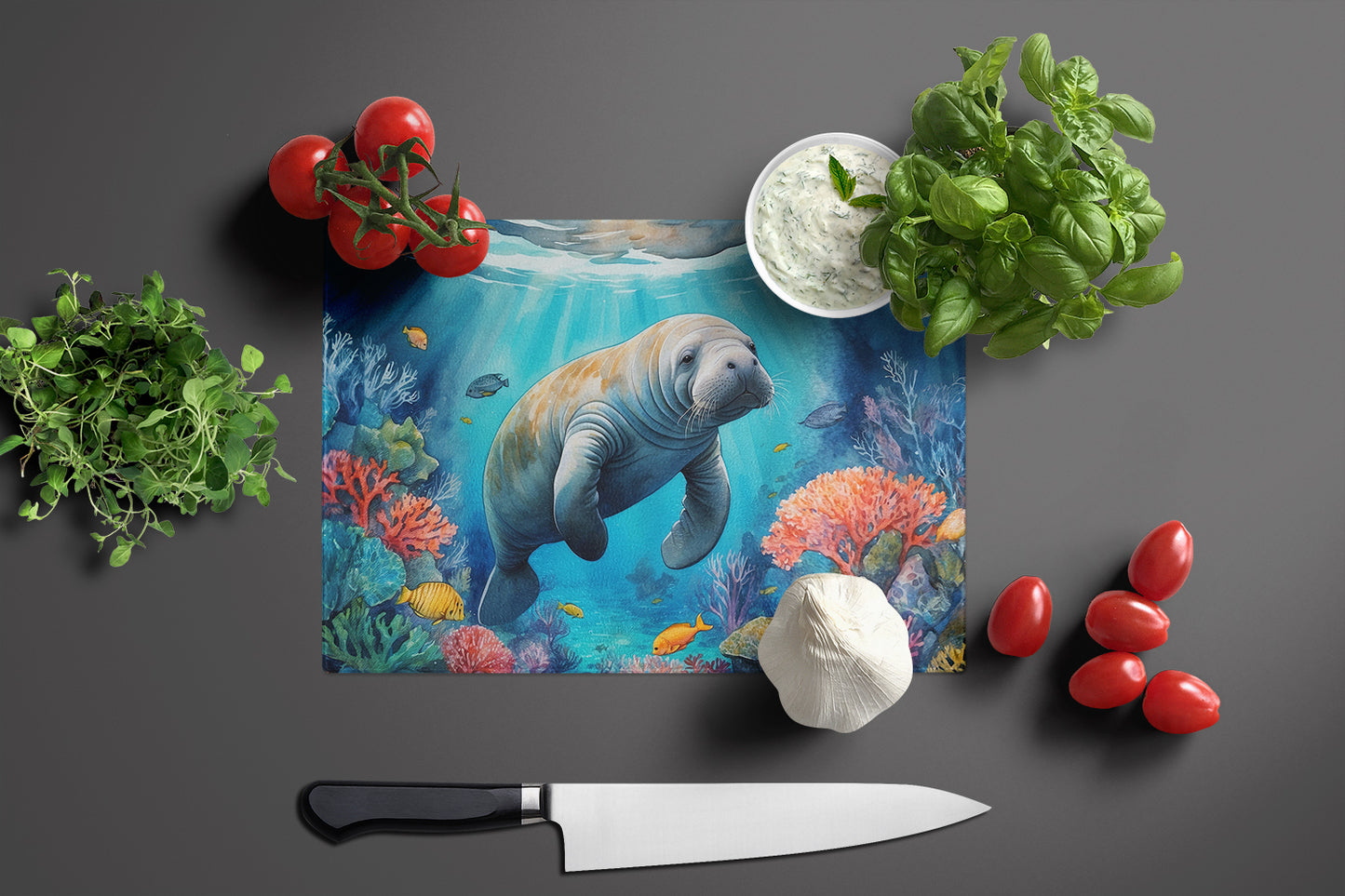 Manatee and Coral Reefs Glass Cutting Board