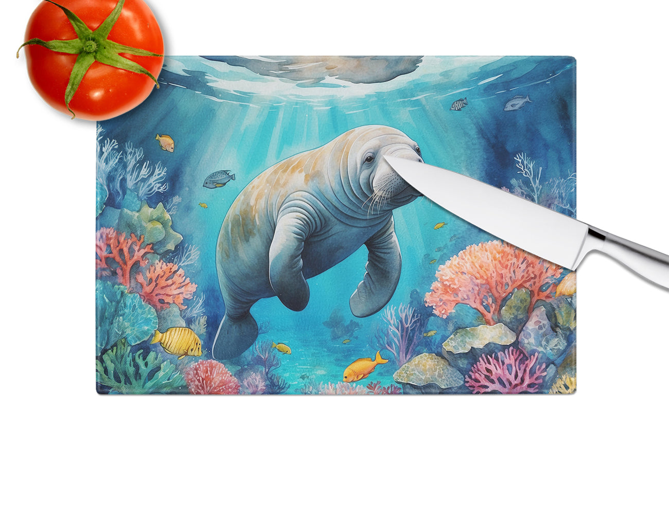 Manatee and Coral Reefs Glass Cutting Board