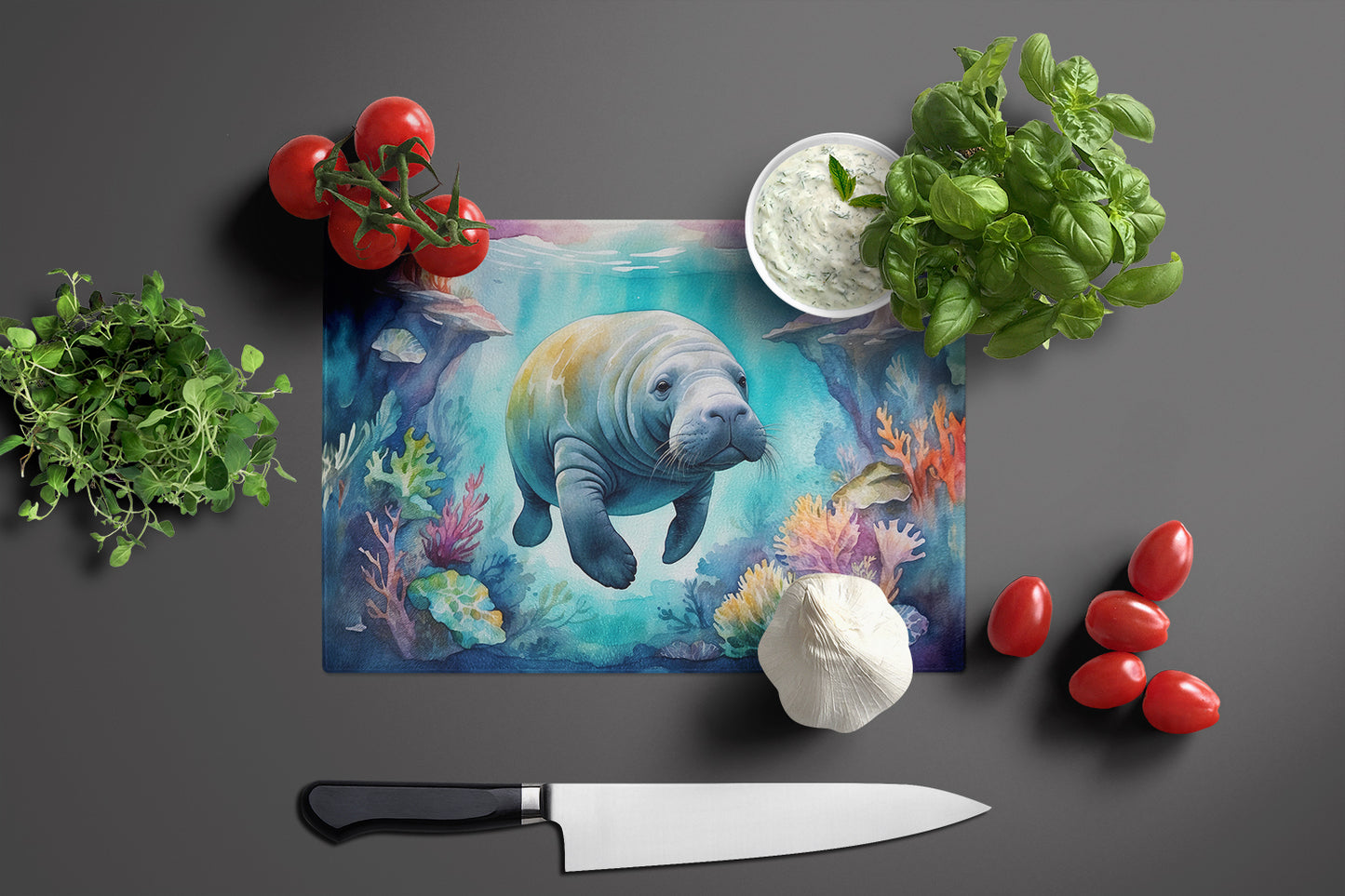 Manatee in a Dreamscape Glass Cutting Board