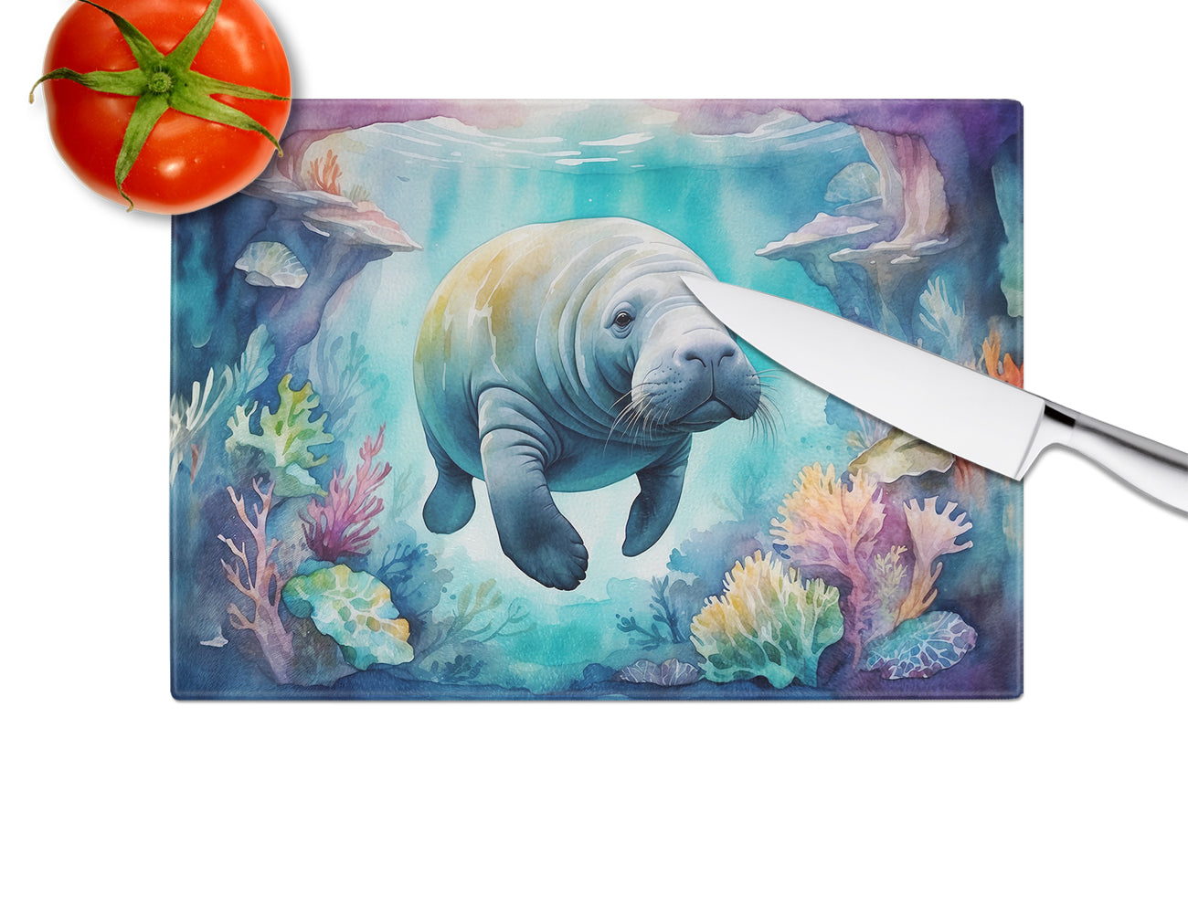 Manatee in a Dreamscape Glass Cutting Board