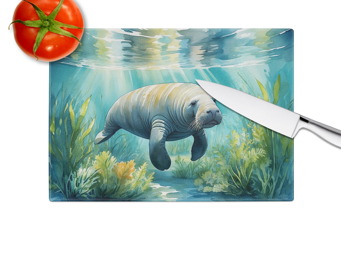 Manatee in a Seagrass Bed Glass Cutting Board