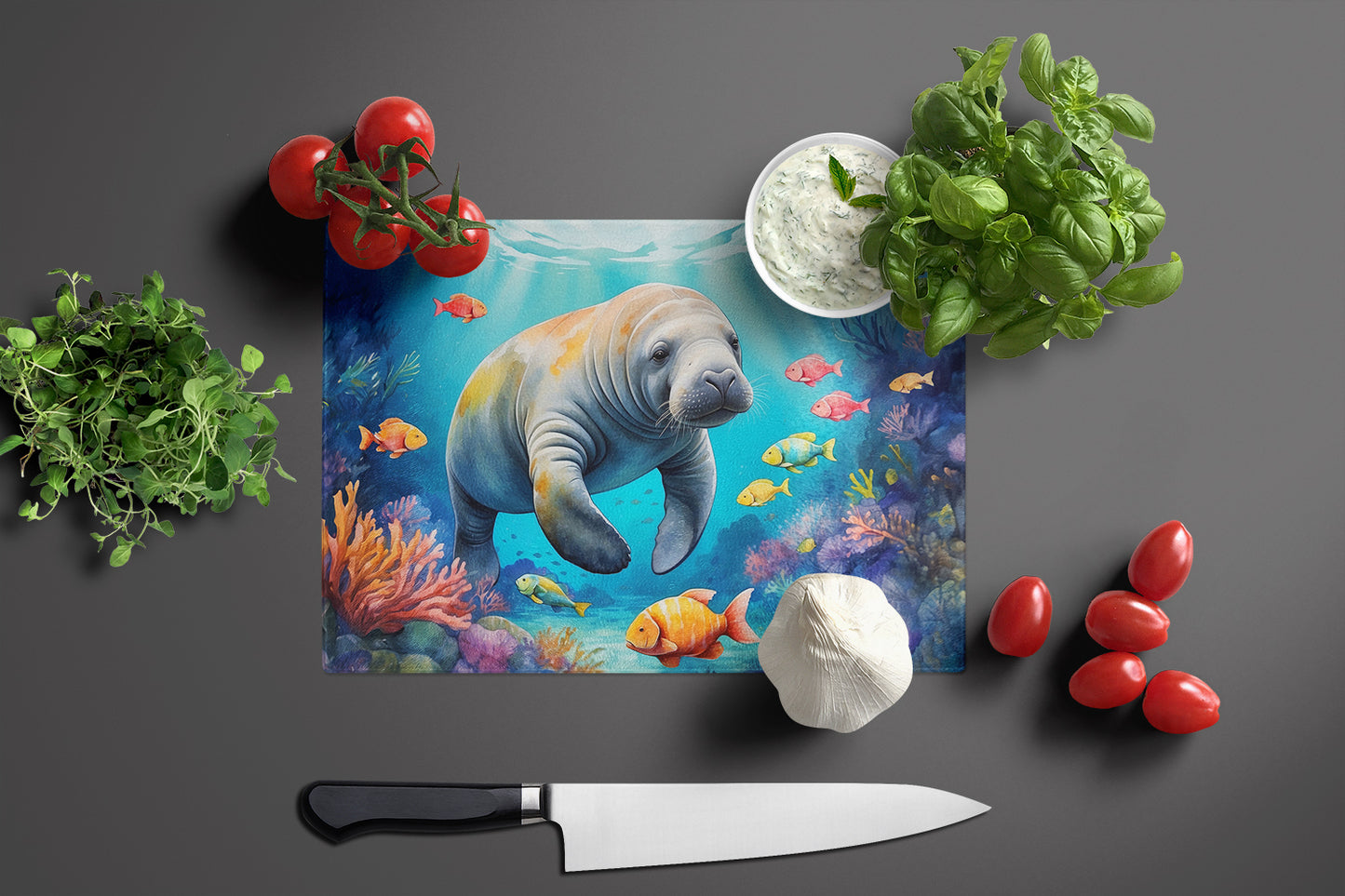 Summer Manatee Glass Cutting Board