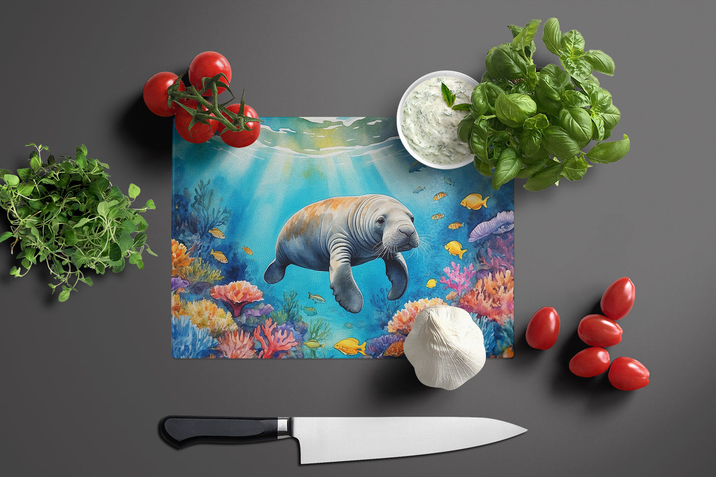 Summer Manatee Glass Cutting Board