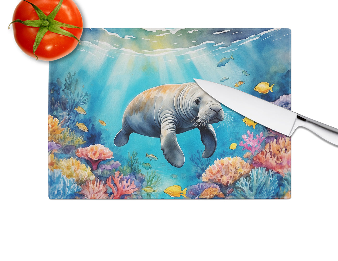 Summer Manatee Glass Cutting Board